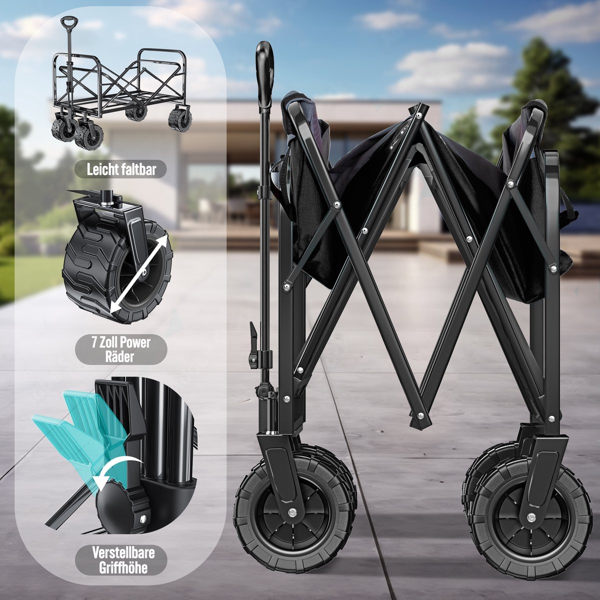 Opvouwbaar bolderwagen - tot 120 kg draagvermogen - bak afmeting 92x56 cm - zwart met grijs - Afbeelding 15