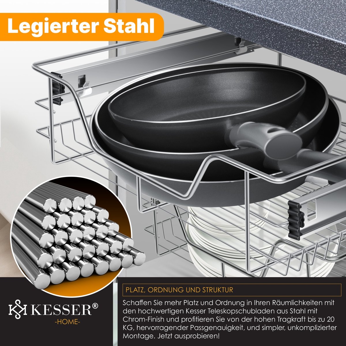 Keukenlade voor inbouw - geschikt voor kastbreedte 60 cm - uittrekbaar - zilver - Afbeelding 6