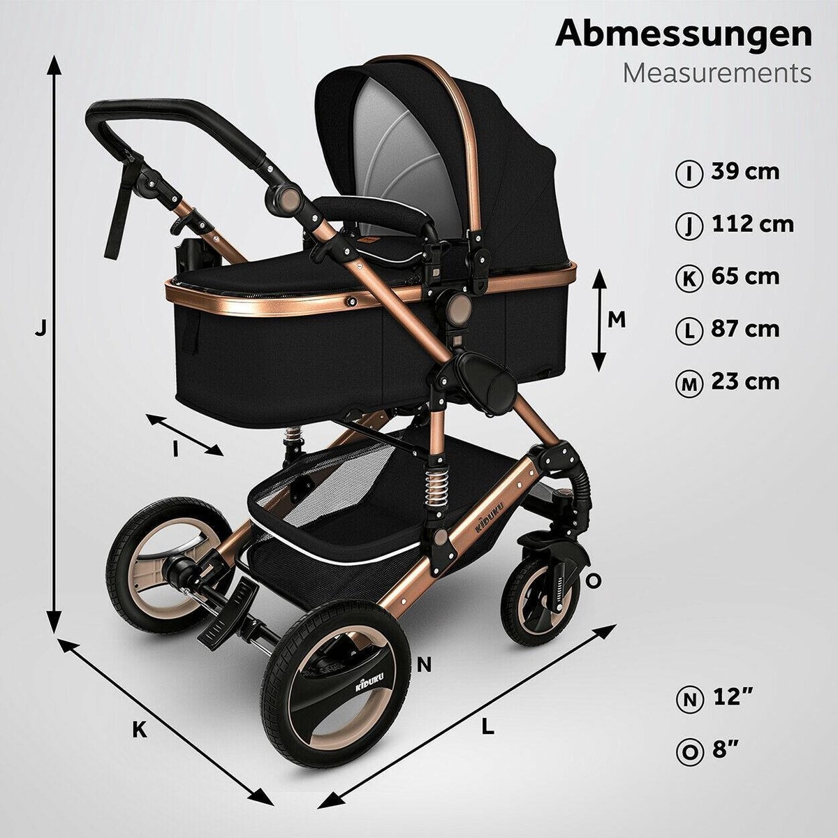 3 in 1 combi-kinderwagen - kinderwagen, buggy en autostoeltje - met regenhoes- inklapbaar - zwart met goudkleur - Afbeelding 3
