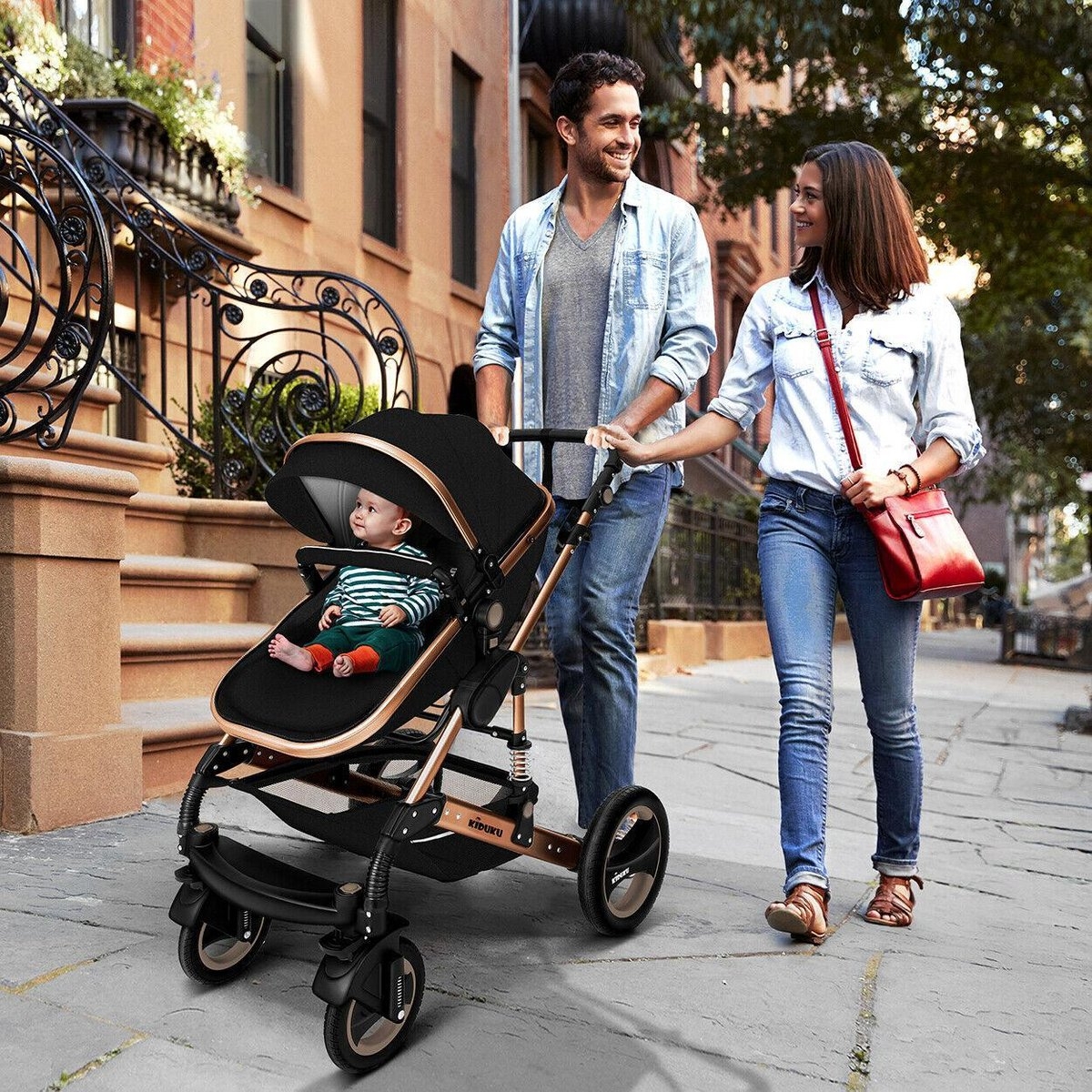 3 in 1 combi-kinderwagen - kinderwagen, buggy en autostoeltje - met regenhoes- inklapbaar - zwart met goudkleur - Afbeelding 4