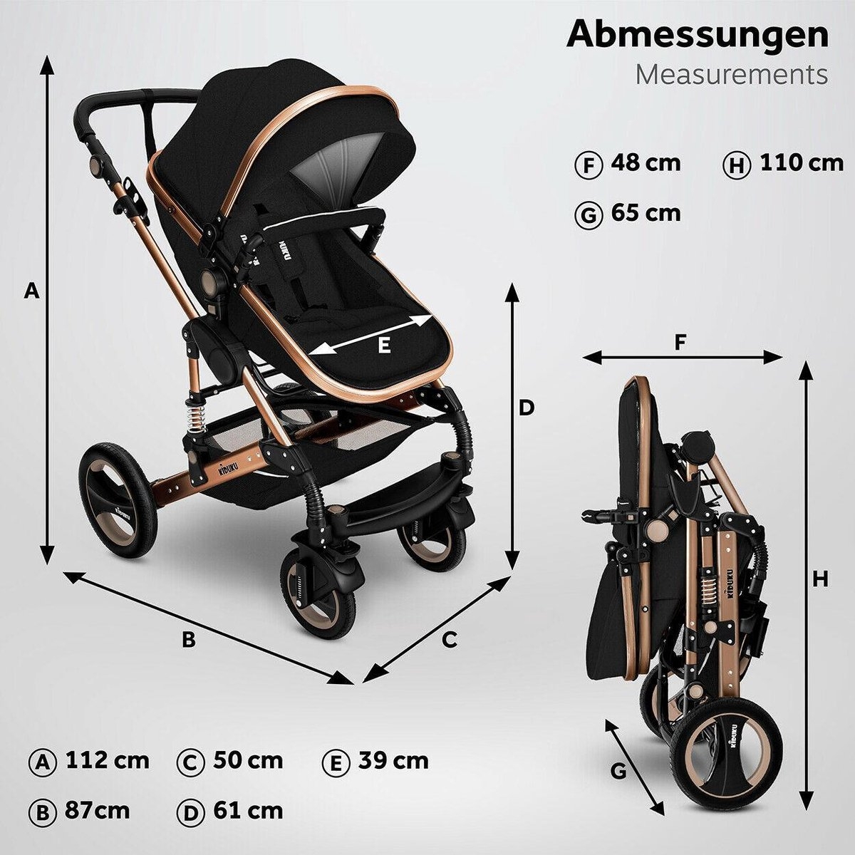 3 in 1 combi-kinderwagen - kinderwagen, buggy en autostoeltje - met regenhoes- inklapbaar - zwart met goudkleur - Afbeelding 7