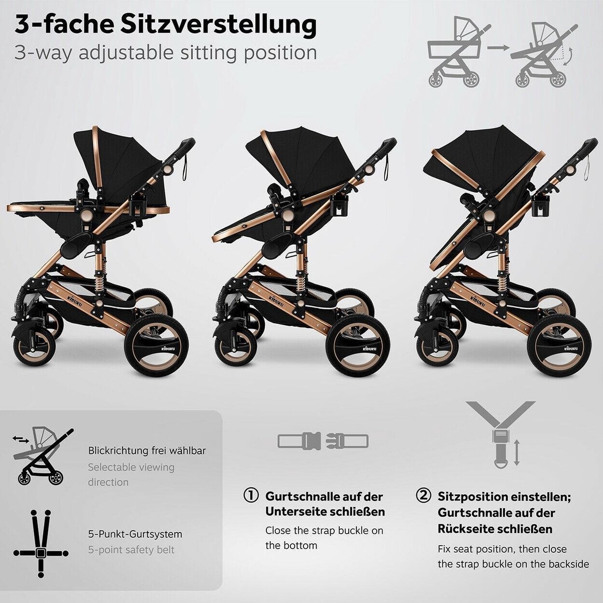 3 in 1 combi-kinderwagen - kinderwagen, buggy en autostoeltje - met regenhoes- inklapbaar - zwart met goudkleur - Afbeelding 8