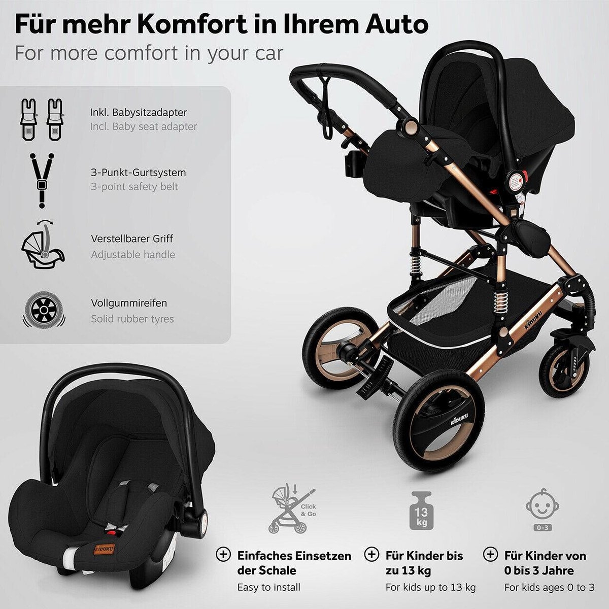 3 in 1 combi-kinderwagen - kinderwagen, buggy en autostoeltje - met regenhoes- inklapbaar - zwart met goudkleur - Afbeelding 10