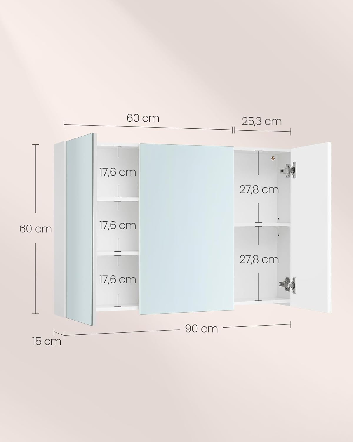 Badkamerkast met spiegel - 90x60 cm - spiegelkast wastafel - 3 deuren - wit - BBK032W01 - Afbeelding 3