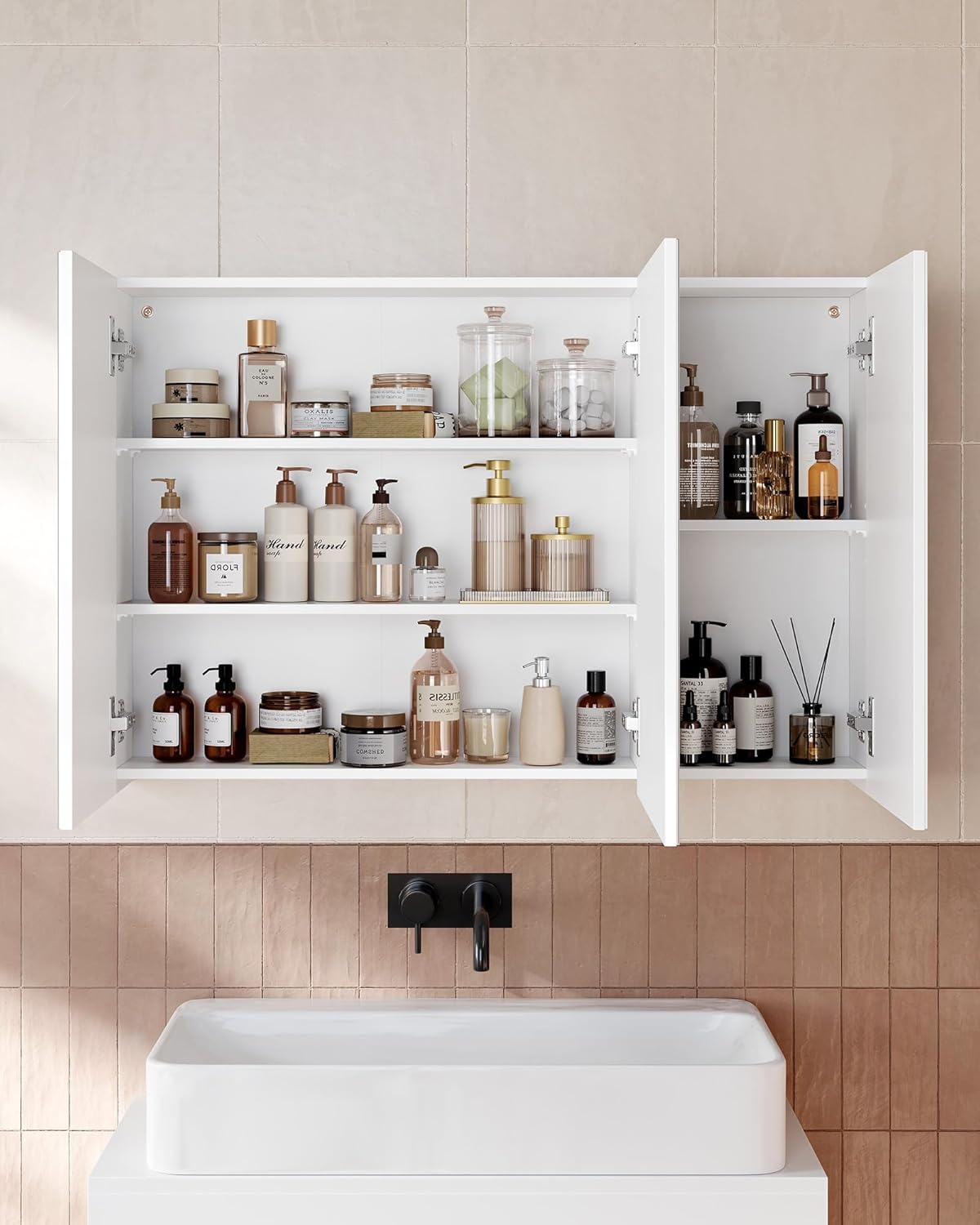 Badkamerkast met spiegel - 90x60 cm - spiegelkast wastafel - 3 deuren - wit - BBK032W01 - Afbeelding 5