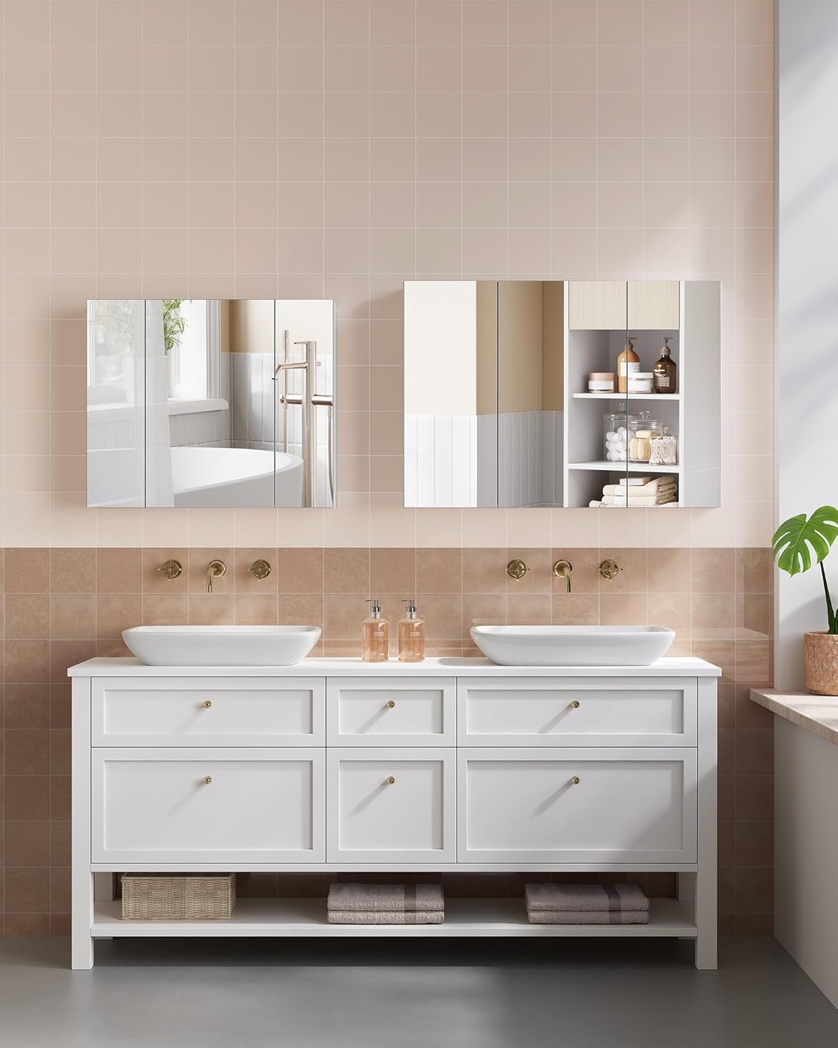 Badkamerkast met spiegel - 90x60 cm - spiegelkast wastafel - 3 deuren - wit - BBK032W01