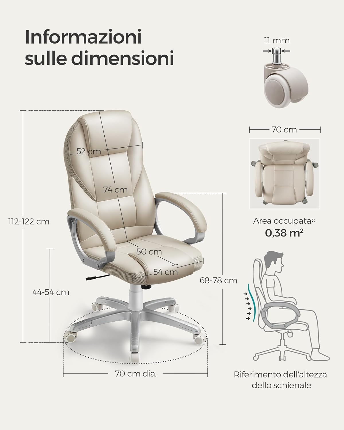 Bureaustoel - directiestoel / directeurstoel - cremewit - met wielen - ergonomisch - obg022w01 - Afbeelding 2
