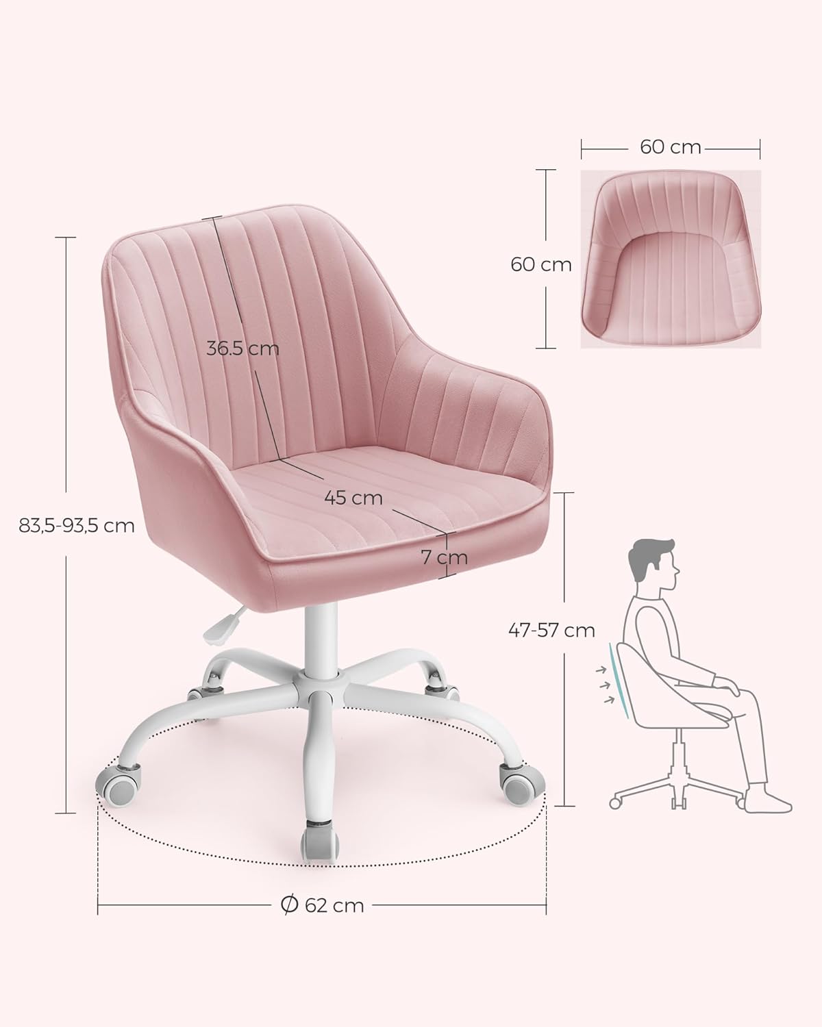 Bureaustoel roze - ergonomisch - hoogte verstelbaar - zilver frame - draaibaar - OBG012R01 - Afbeelding 3