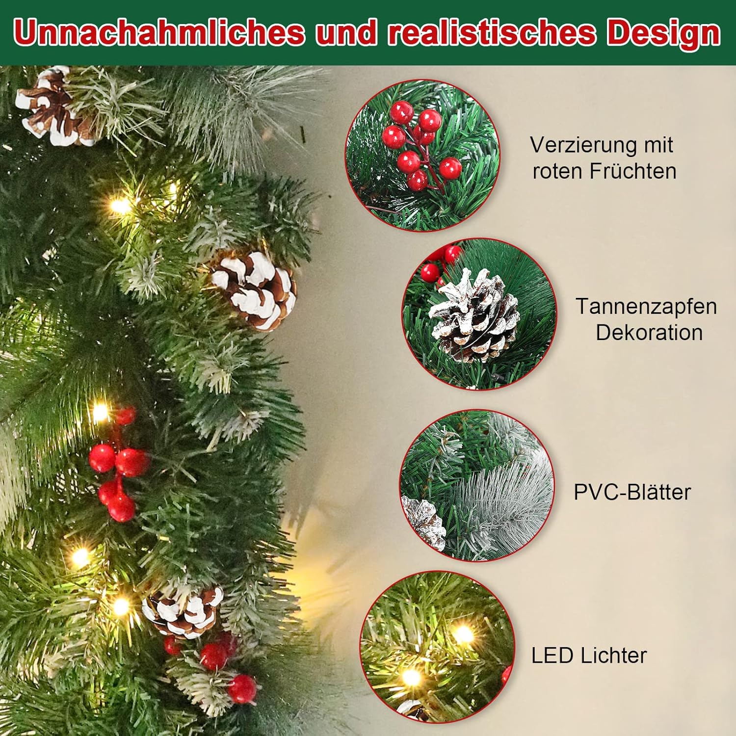 Guirlande- kerstslinger - kerstverlichting - met versieringen - 3 meter - met LED's - voor buiten en binnen - Afbeelding 5