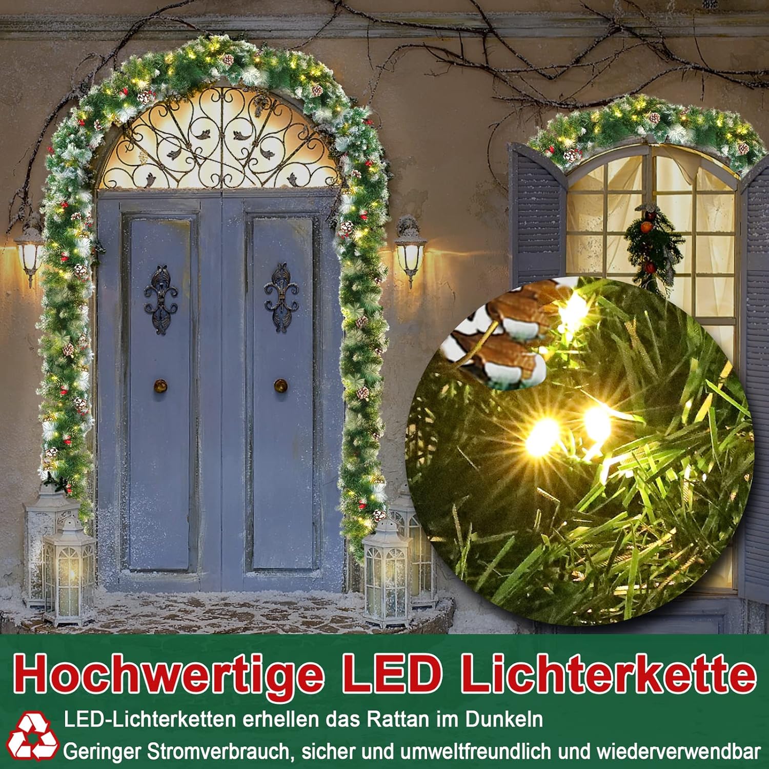 Guirlande- kerstslinger - kerstverlichting - met versieringen - 3 meter - met LED's - voor buiten en binnen - Afbeelding 6
