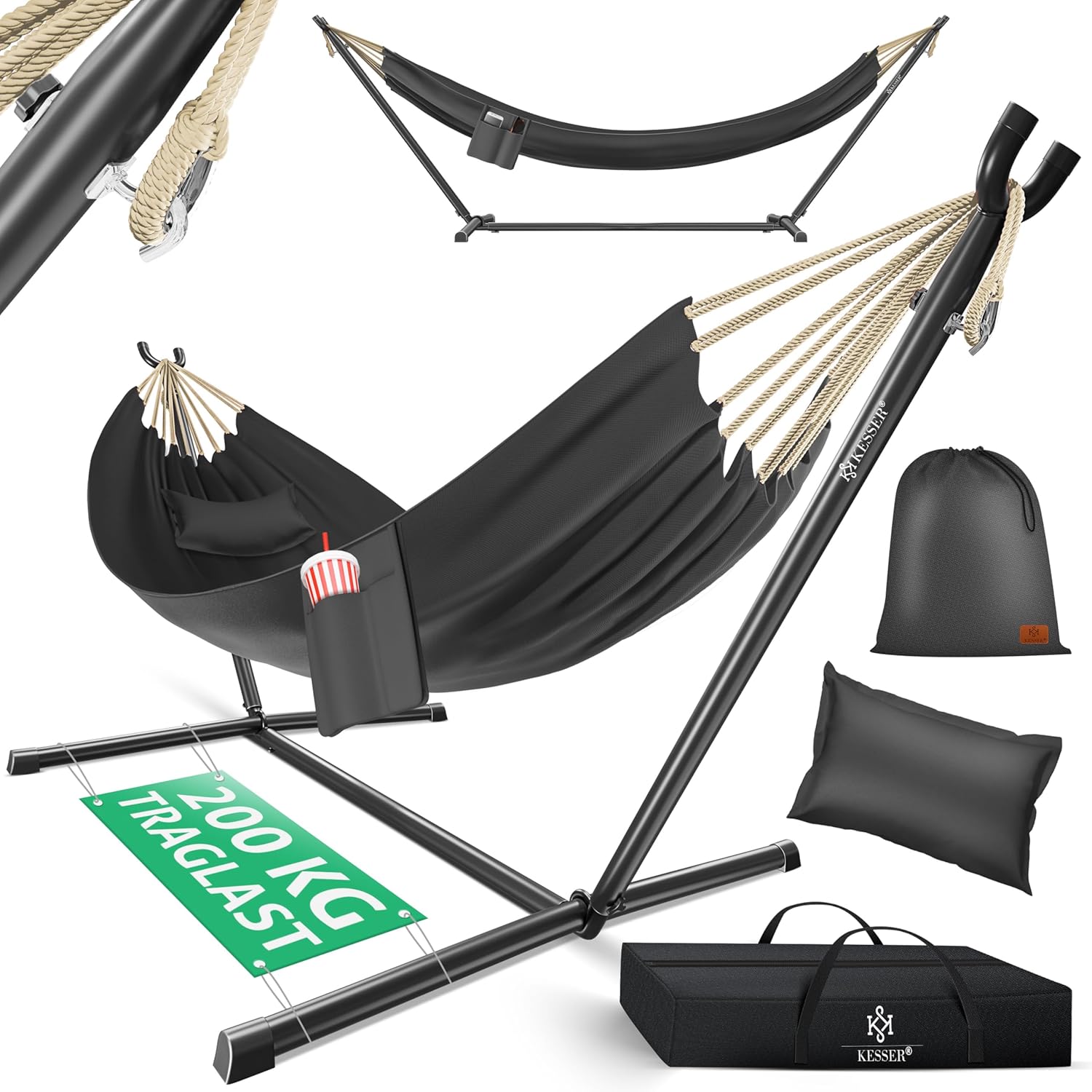 Hangmat lake - tweepersoons - lengte ligvlak 220 cm - 200kg draagvermogen - grijs