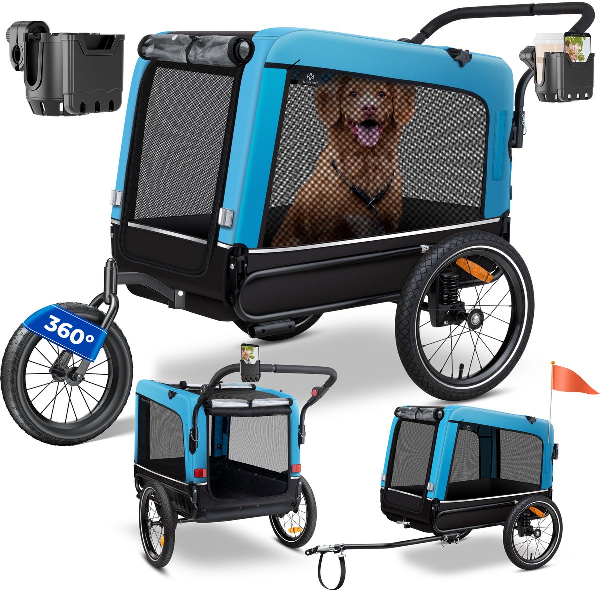 Hondenfietskar - fietsaanhanger hond - tot 40 kg - 3in1 hondenbuggy - joggerfunctie - blauw
