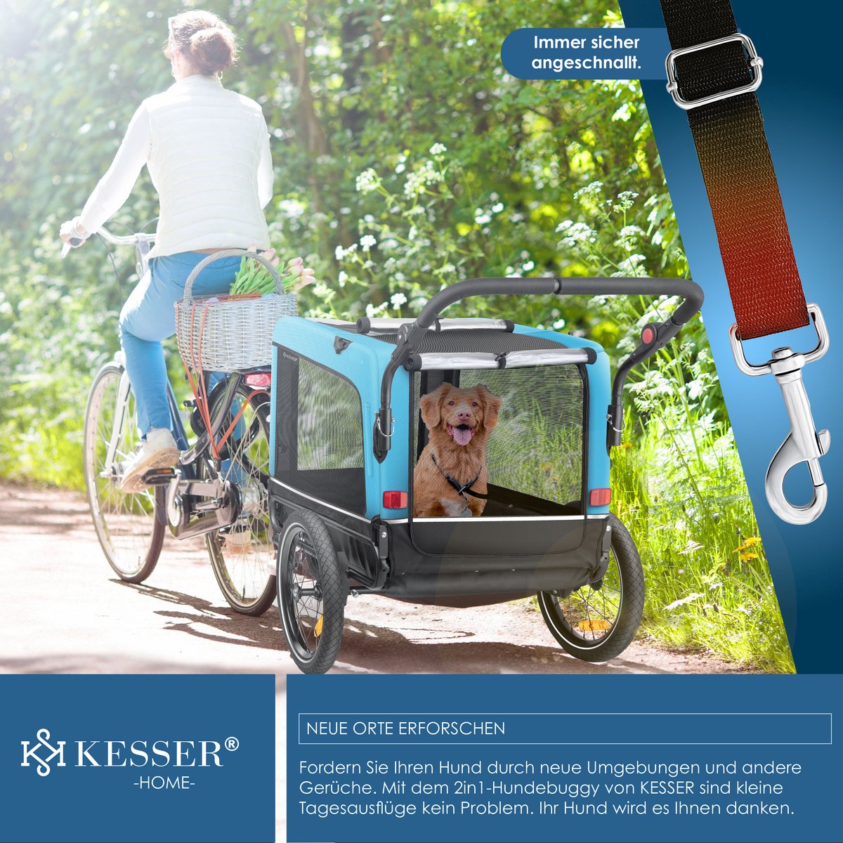 Hondenfietskar - fietsaanhanger hond - tot 40 kg - 3in1 hondenbuggy - joggerfunctie - blauw - Afbeelding 2