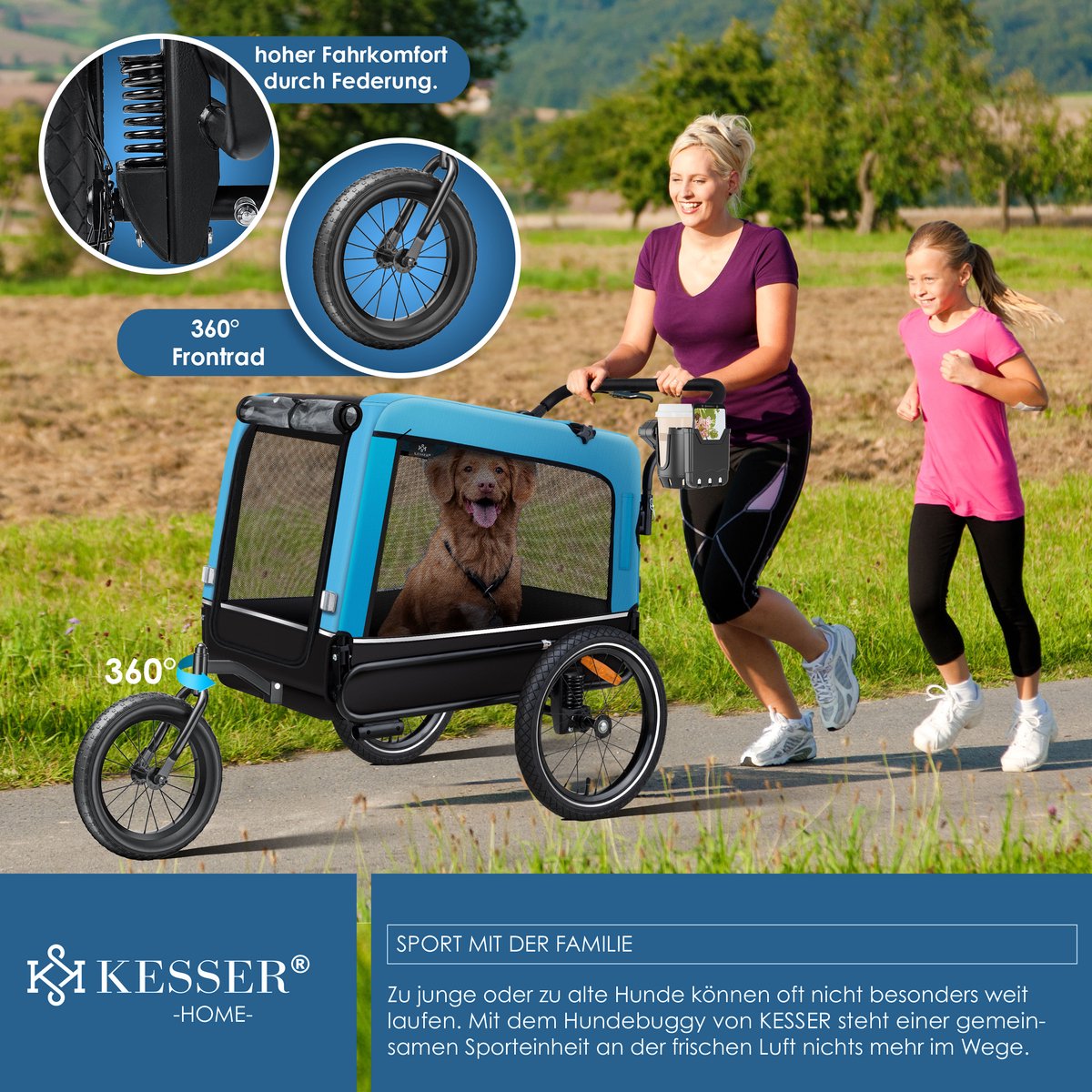 Hondenfietskar - fietsaanhanger hond - tot 40 kg - 3in1 hondenbuggy - joggerfunctie - blauw - Afbeelding 11