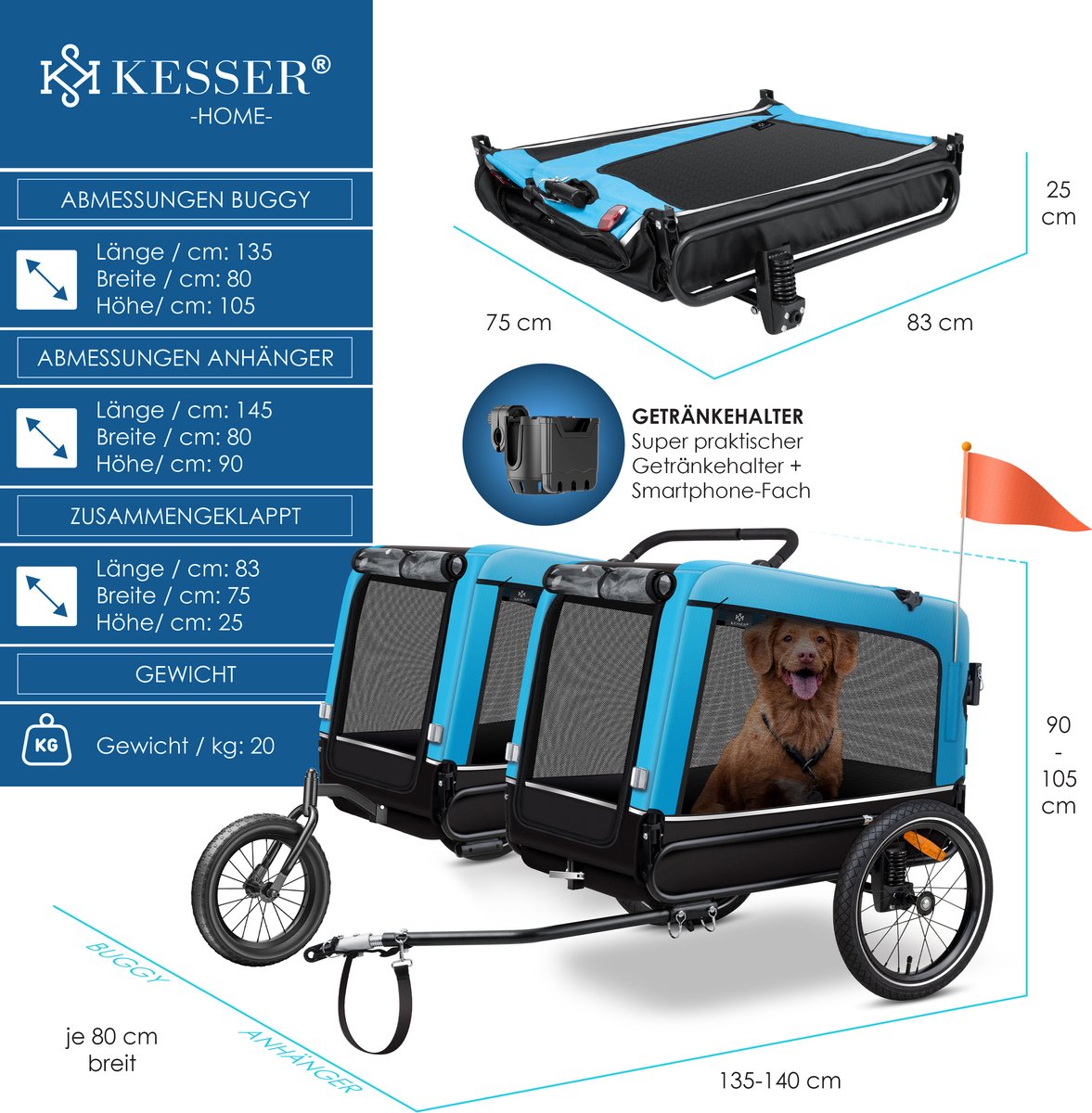 Hondenfietskar - fietsaanhanger hond - tot 40 kg - 3in1 hondenbuggy - joggerfunctie - blauw - Afbeelding 12