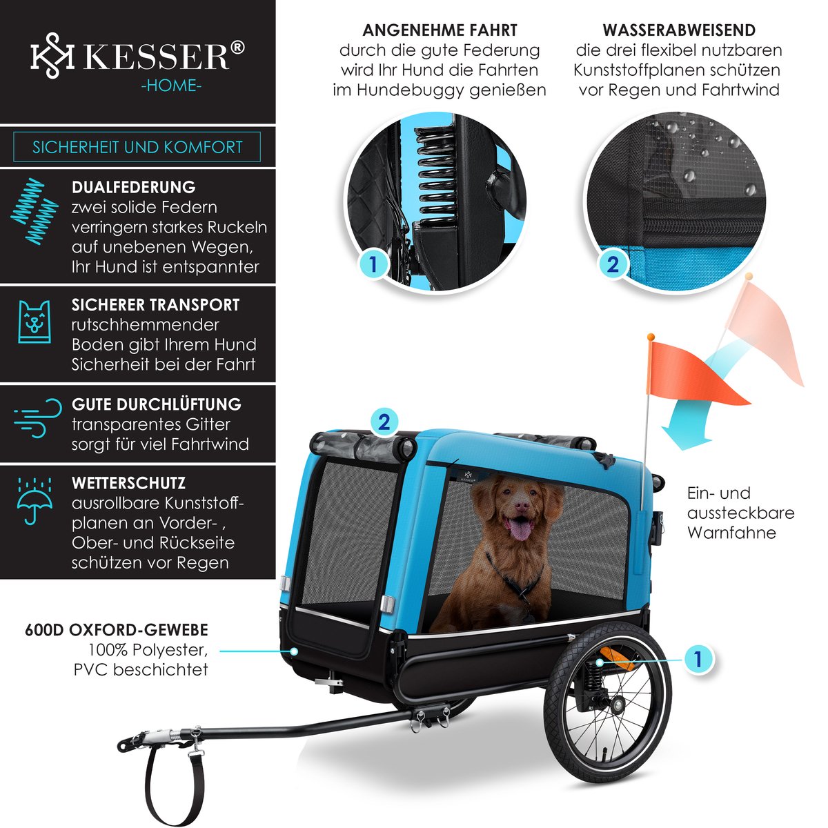 Hondenfietskar - fietsaanhanger hond - tot 40 kg - 3in1 hondenbuggy - joggerfunctie - blauw - Afbeelding 14