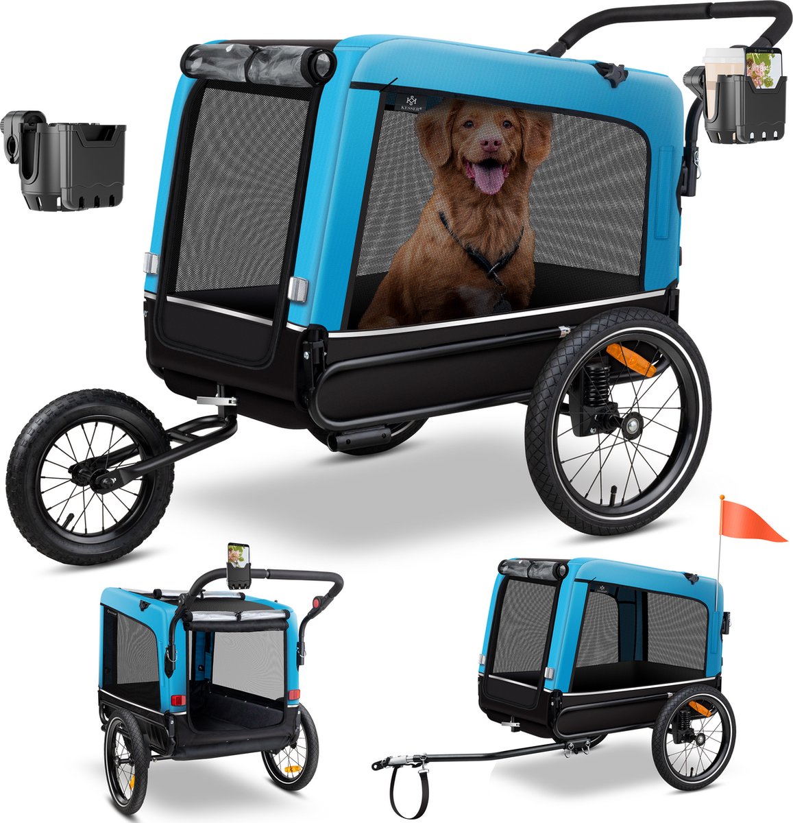 Hondenfietskar - fietsaanhanger hond - tot 40 kg - 3in1 hondenbuggy - joggerfunctie - blauw - Afbeelding 15