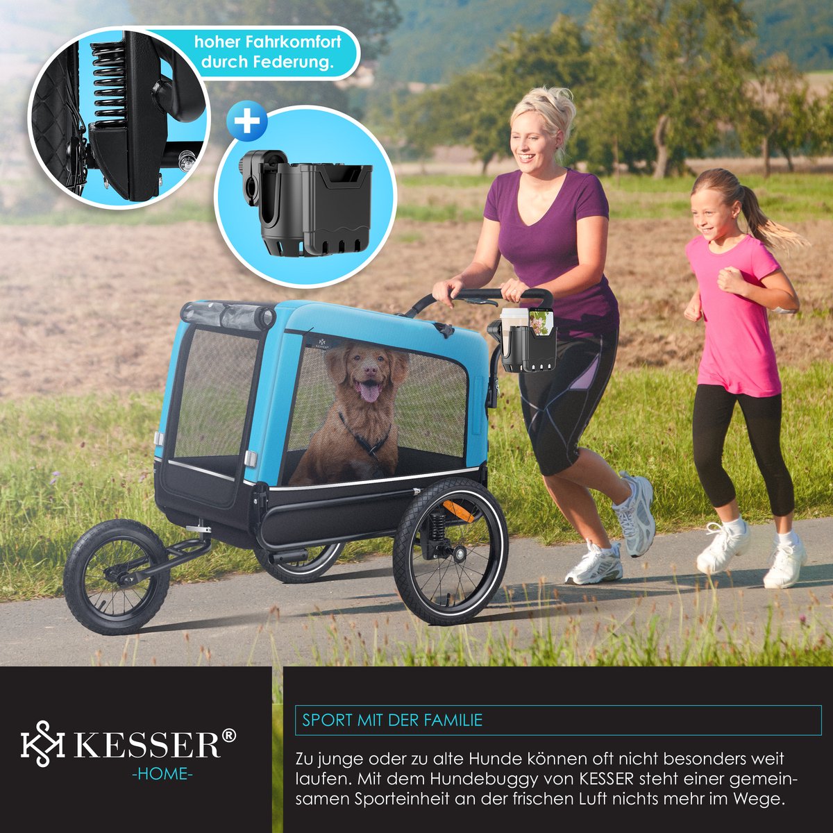 Hondenfietskar - fietsaanhanger hond - tot 40 kg - 3in1 hondenbuggy - joggerfunctie - blauw - Afbeelding 3