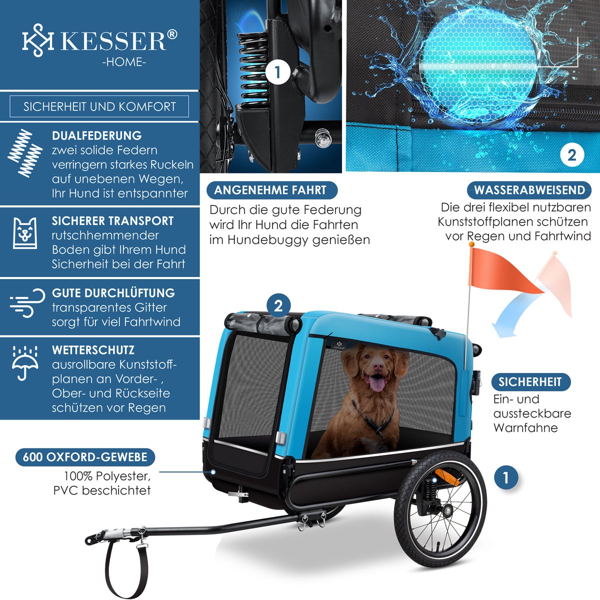 Hondenfietskar - fietsaanhanger hond - tot 40 kg - 3in1 hondenbuggy - joggerfunctie - blauw - Afbeelding 4