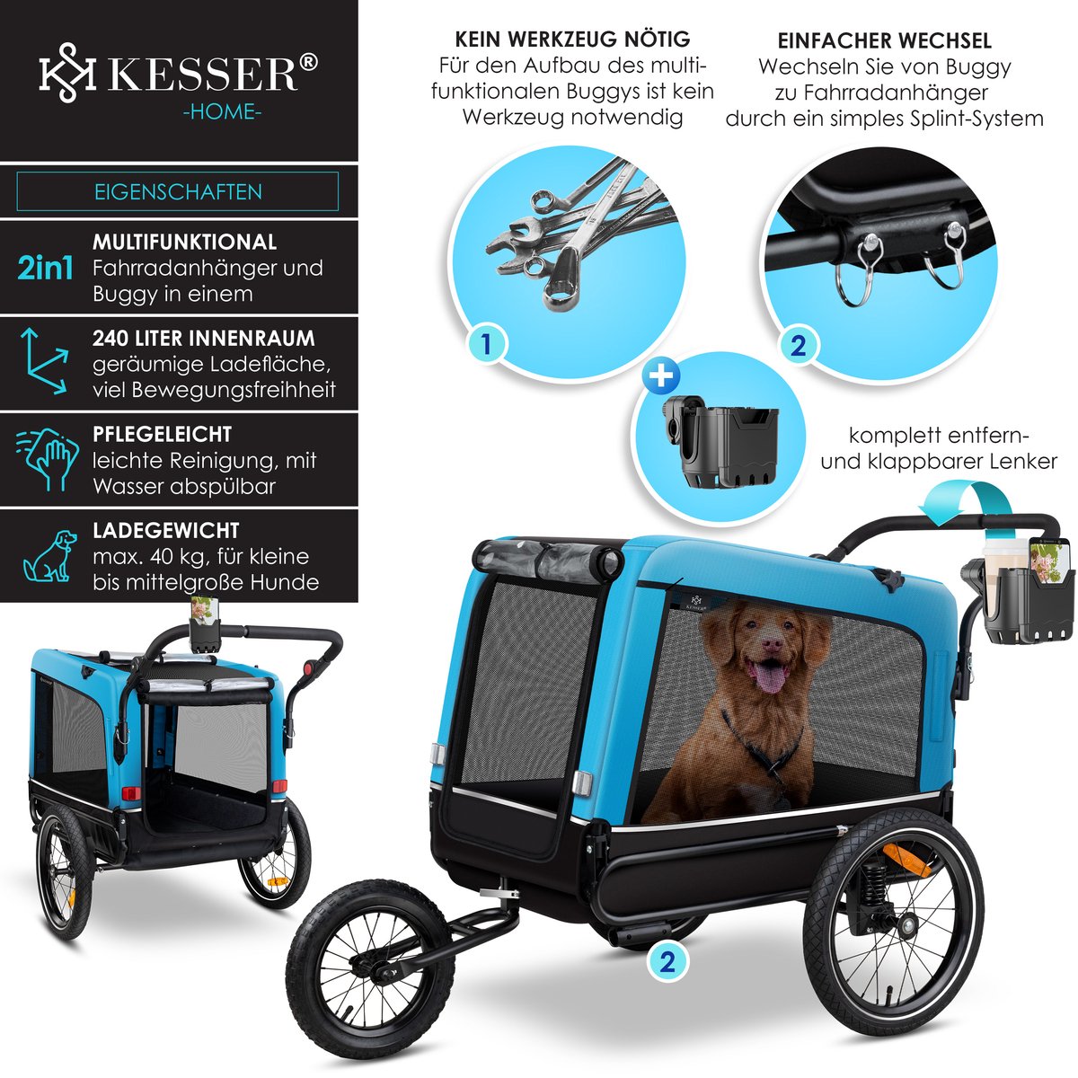 Hondenfietskar - fietsaanhanger hond - tot 40 kg - 3in1 hondenbuggy - joggerfunctie - blauw - Afbeelding 5