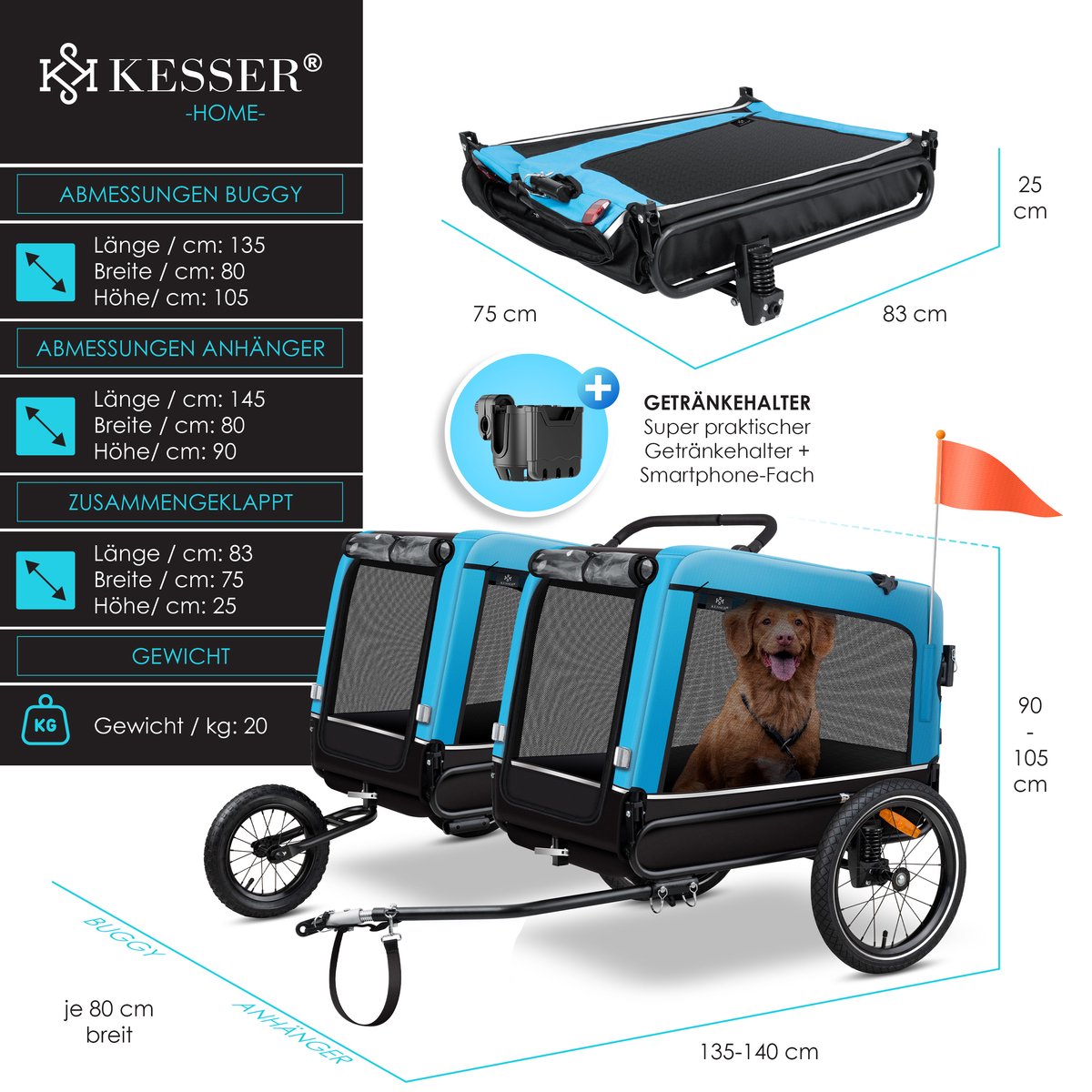 Hondenfietskar - fietsaanhanger hond - tot 40 kg - 3in1 hondenbuggy - joggerfunctie - blauw - Afbeelding 7