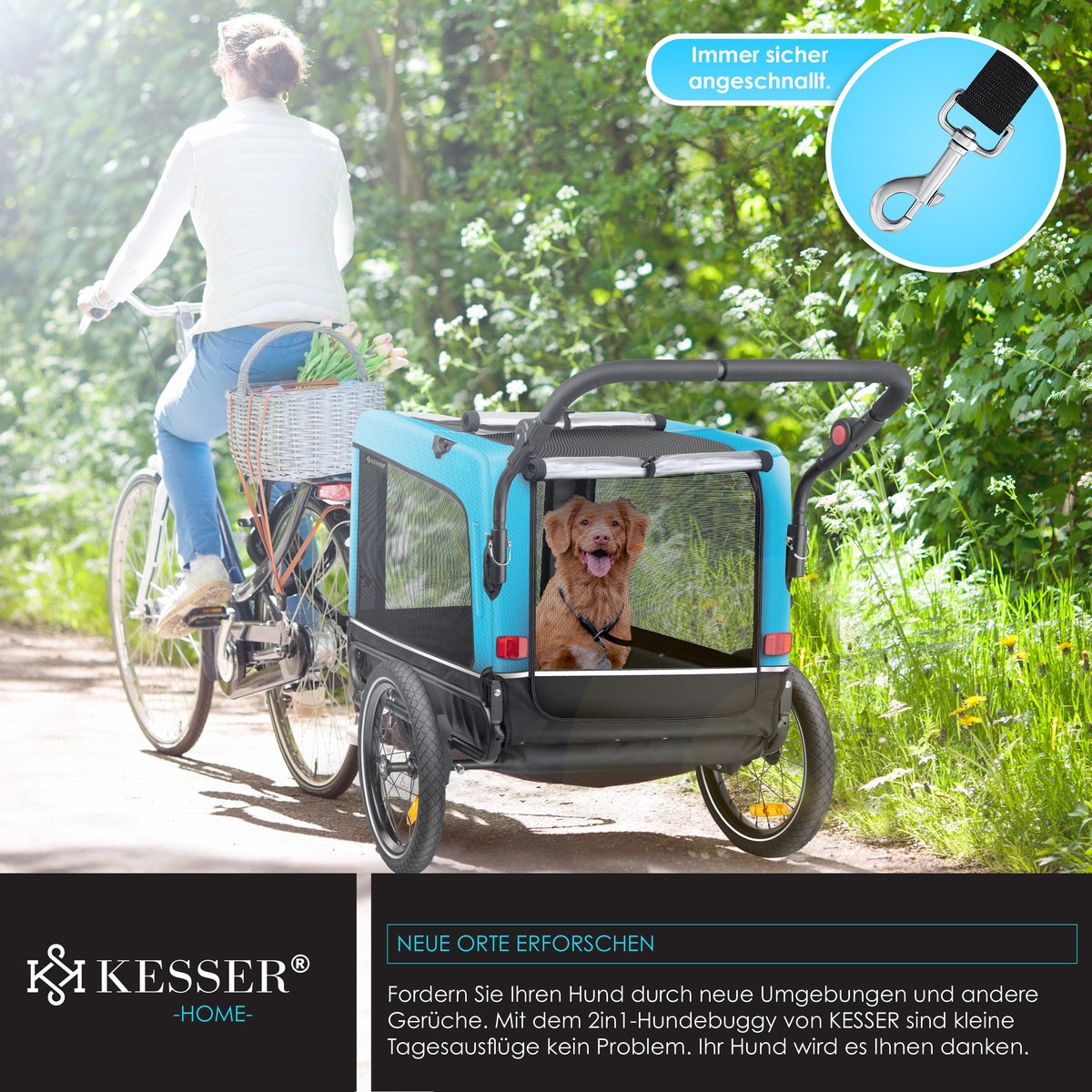 Hondenfietskar - fietsaanhanger hond - tot 40 kg - 3in1 hondenbuggy - joggerfunctie - blauw - Afbeelding 9