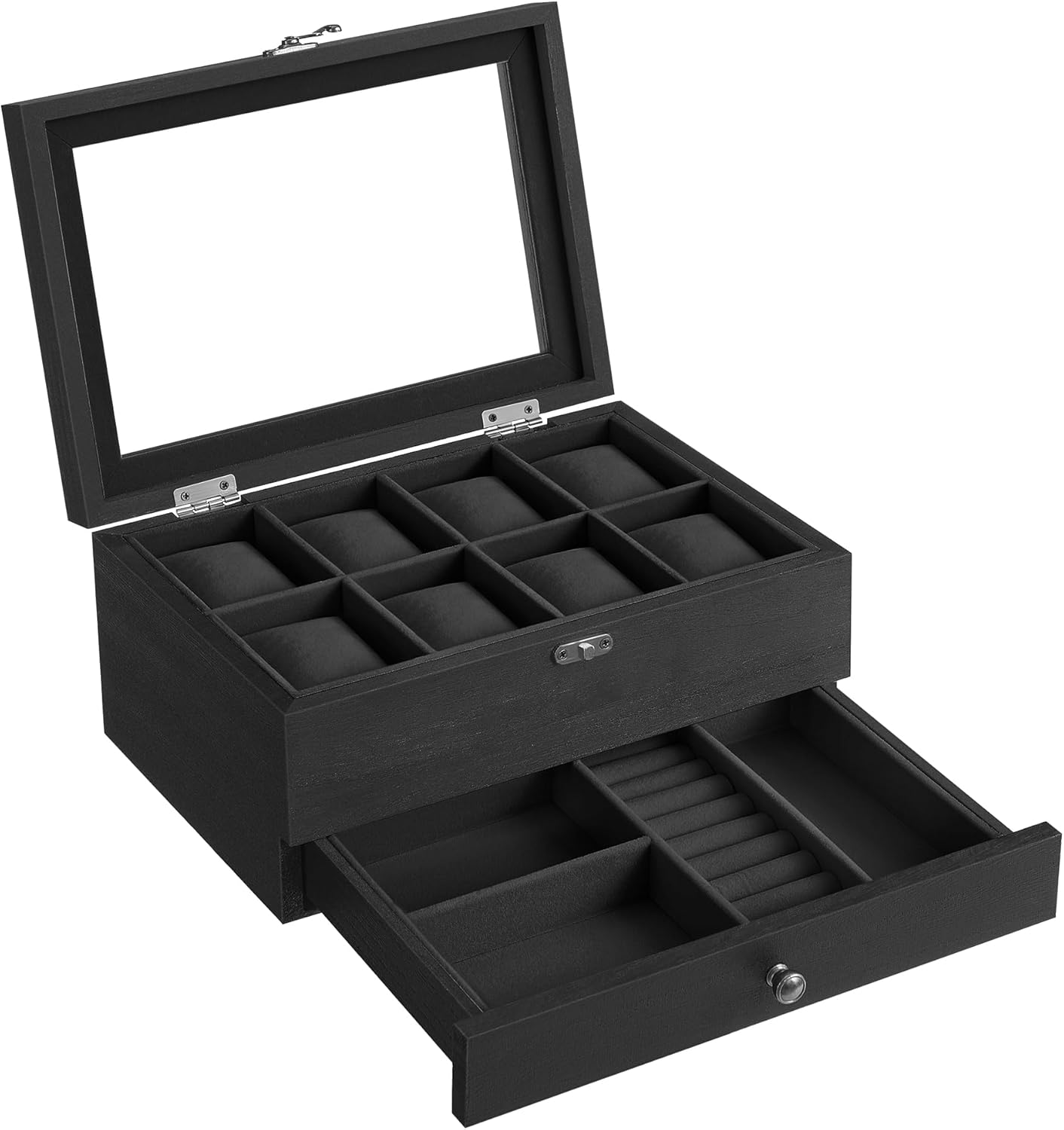 Horlogedoos- juwelendoos - voor 8 horloges - met extra ruimte - hout met glas - JOW008B02