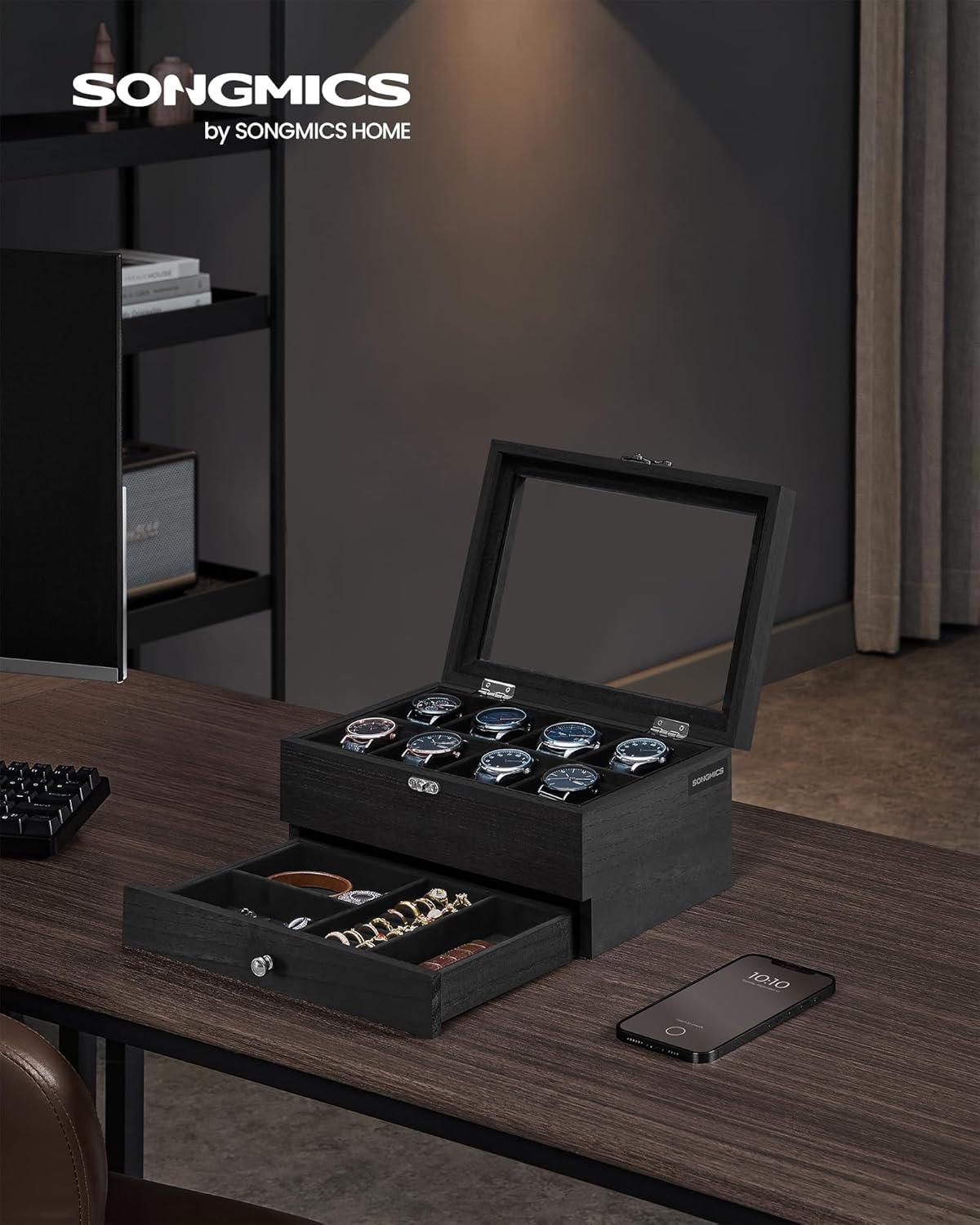 Horlogedoos- juwelendoos - voor 8 horloges - met extra ruimte - hout met glas - JOW008B02 - Afbeelding 2