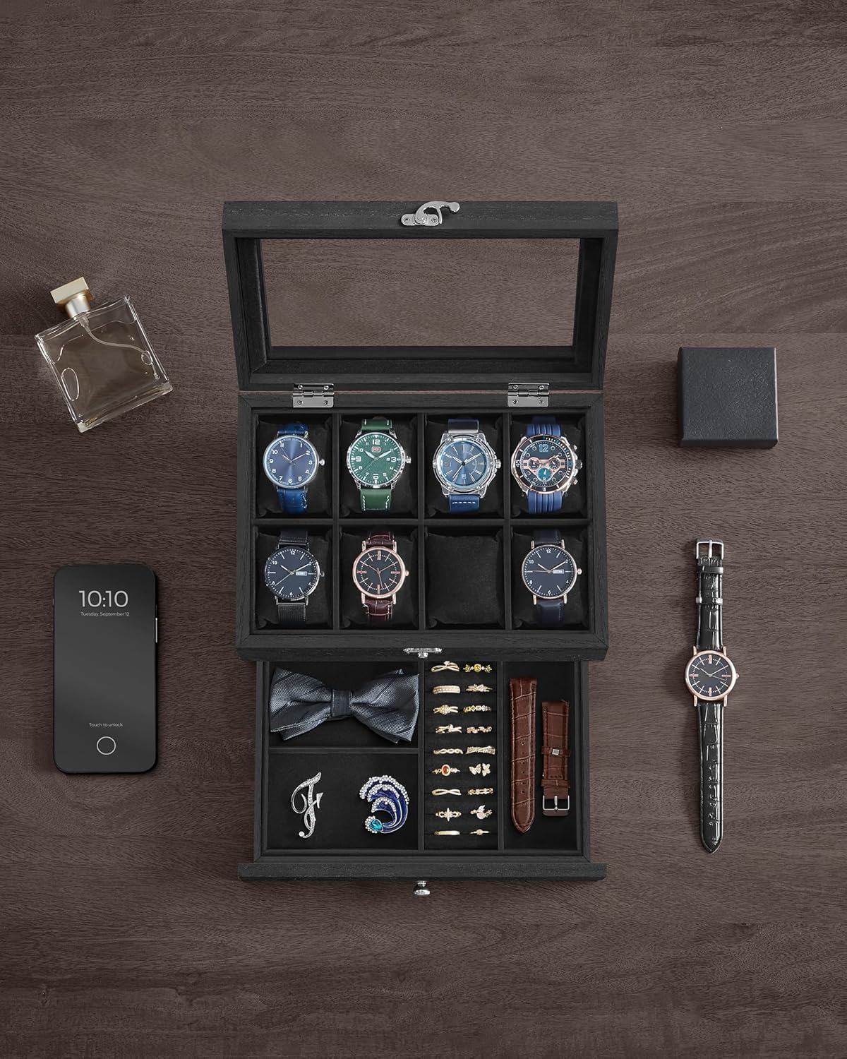 Horlogedoos- juwelendoos - voor 8 horloges - met extra ruimte - hout met glas - JOW008B02 - Afbeelding 3