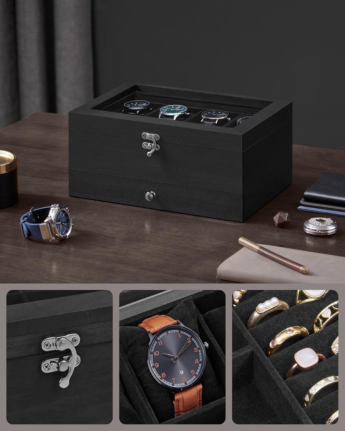 Horlogedoos- juwelendoos - voor 8 horloges - met extra ruimte - hout met glas - JOW008B02 - Afbeelding 4