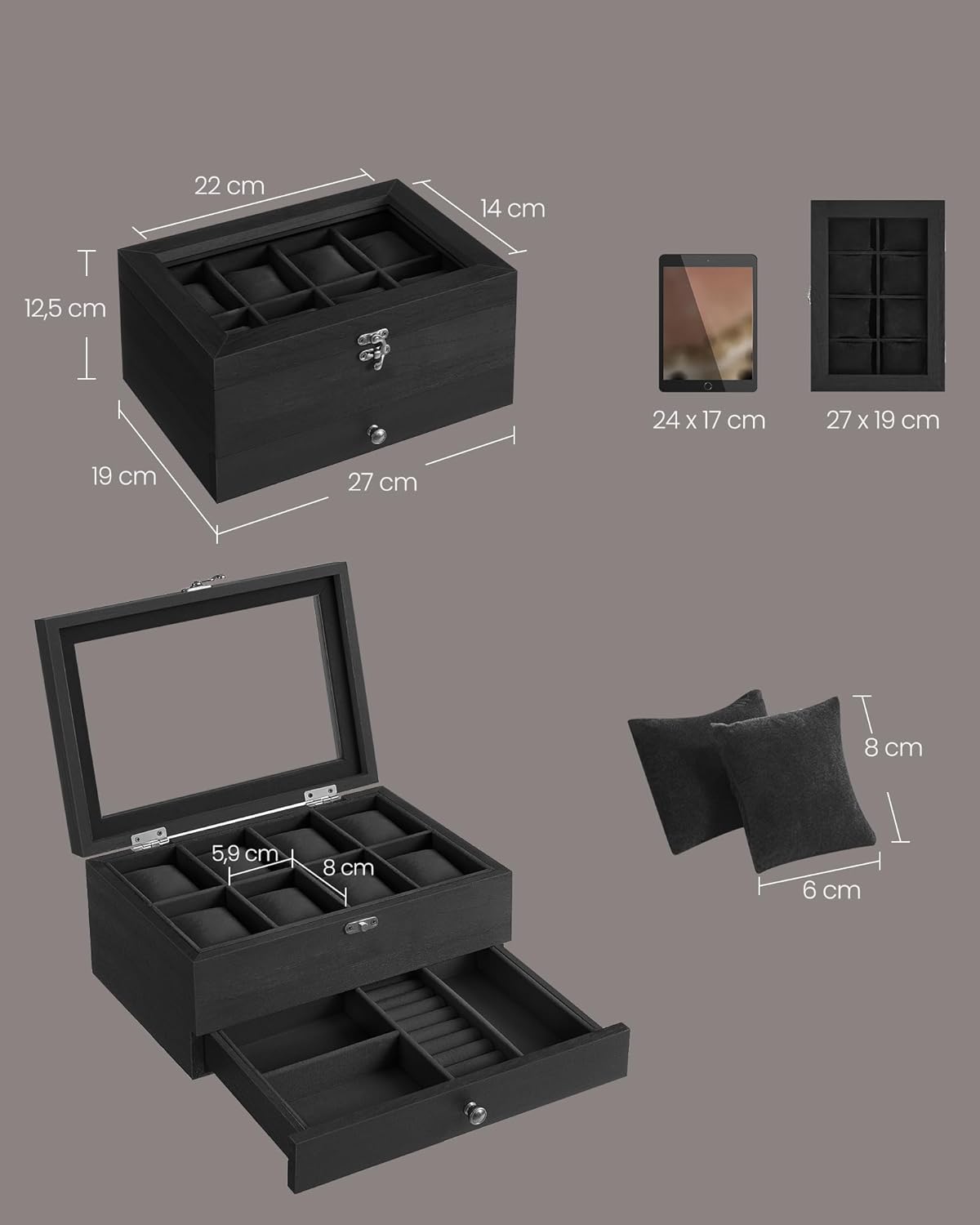 Horlogedoos- juwelendoos - voor 8 horloges - met extra ruimte - hout met glas - JOW008B02 - Afbeelding 5