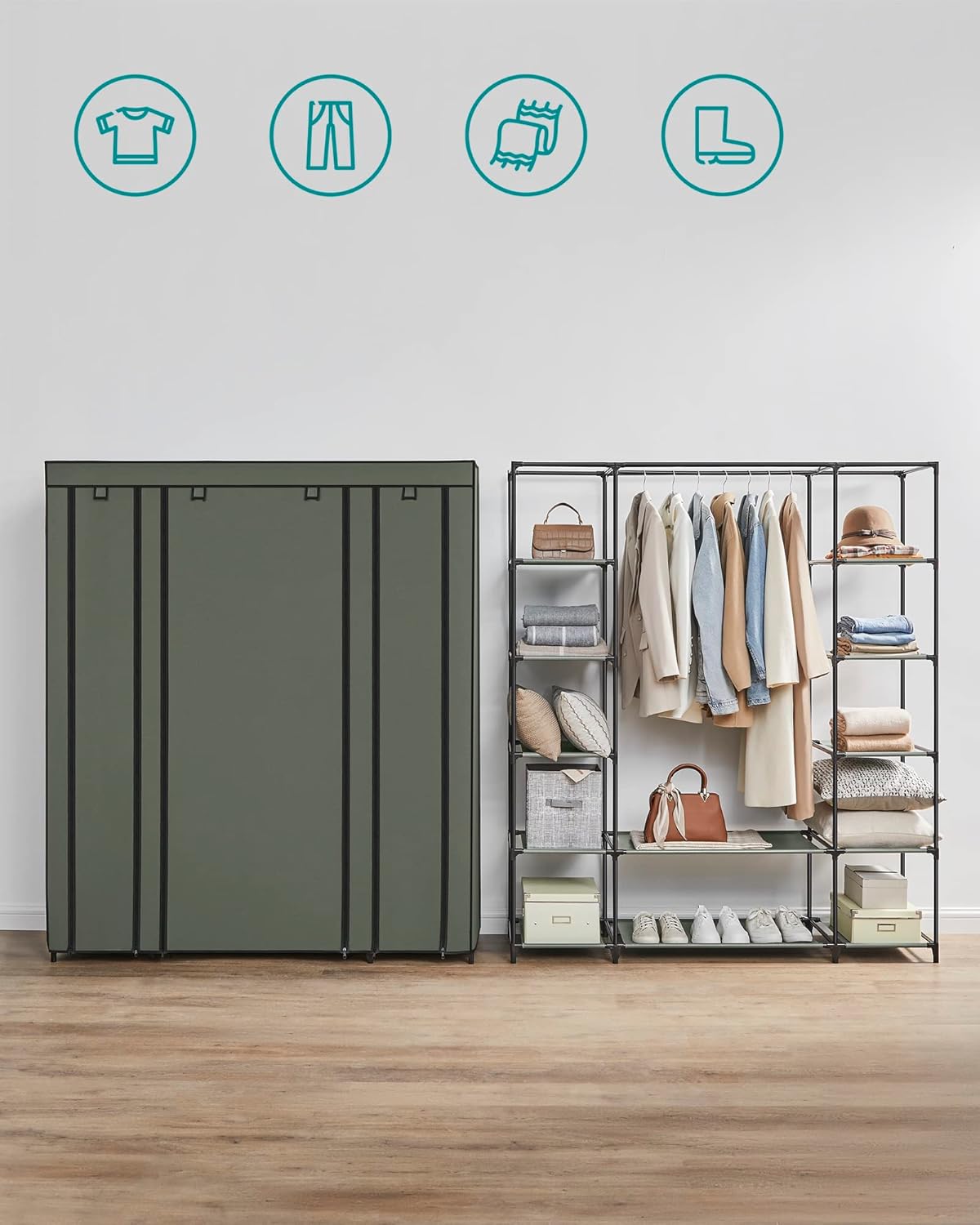 Kledingkast - metaal met stof - voor slaapkamer - 45 x 150 x 175 cm - 12 vakken - saliegroen - lsf003c02 - Afbeelding 3
