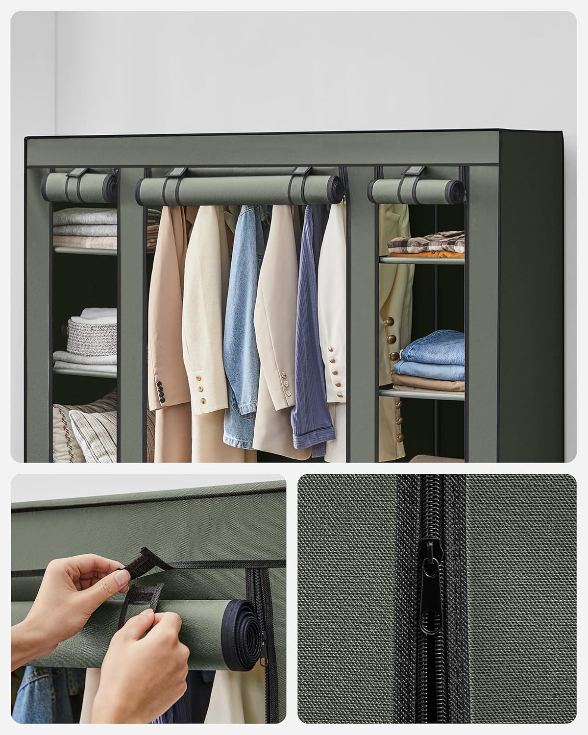 Kledingkast - metaal met stof - voor slaapkamer - 45 x 150 x 175 cm - 12 vakken - saliegroen - lsf003c02 - Afbeelding 8