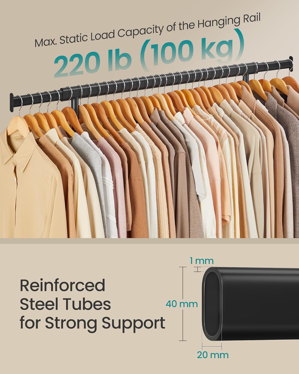 kledingrek - heavy duty - industrieel design - kapstok op wielen - belastbaar tot 100 kg - uittrekbare kledingroede - met wielen - met opbergplank - zwart - hsr61bkv1 - Afbeelding 3