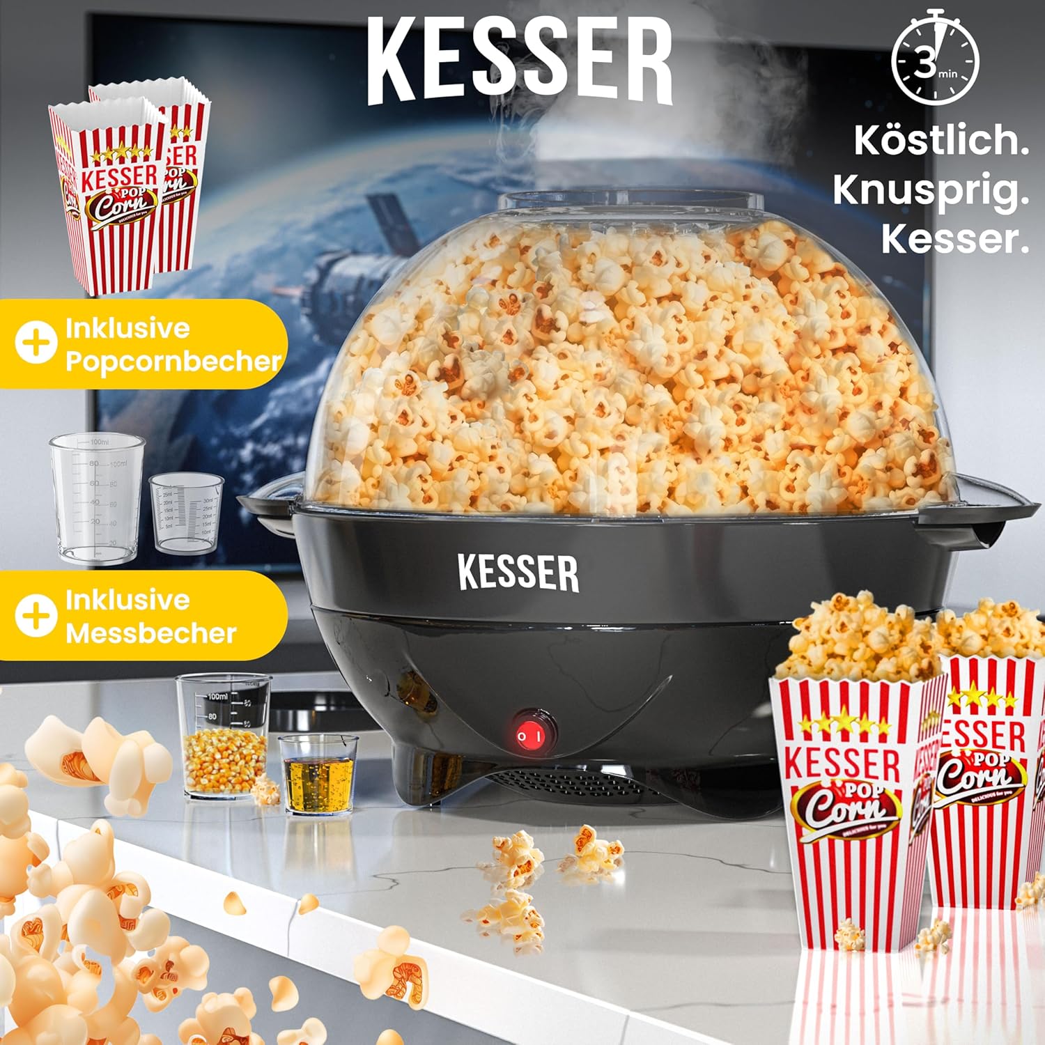 Popcornmachine - popcornmaker - 5,5 liter - met anti-aanbaklaag - deksel en serveerschaal - Afbeelding 2
