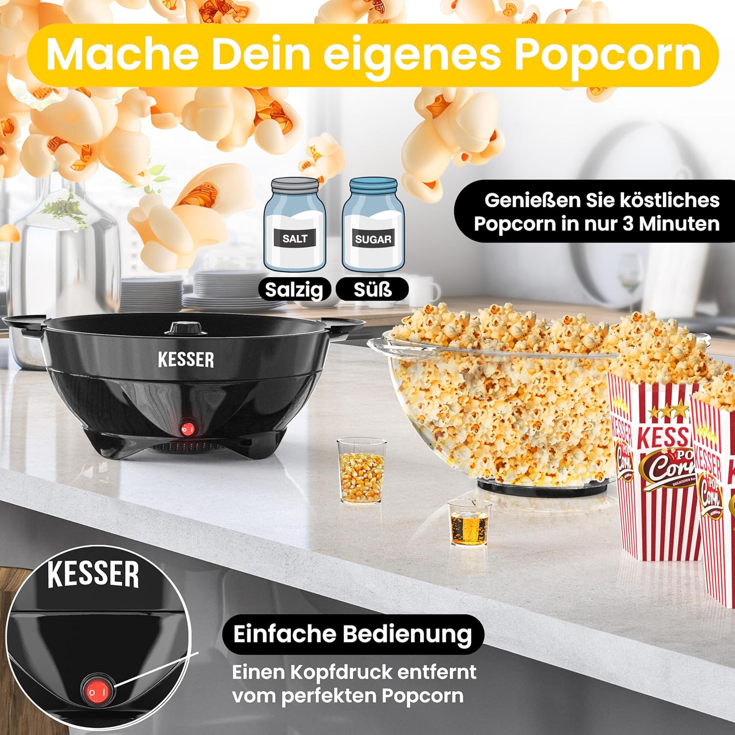 Popcornmachine - popcornmaker - 5,5 liter - met anti-aanbaklaag - deksel en serveerschaal - Afbeelding 4