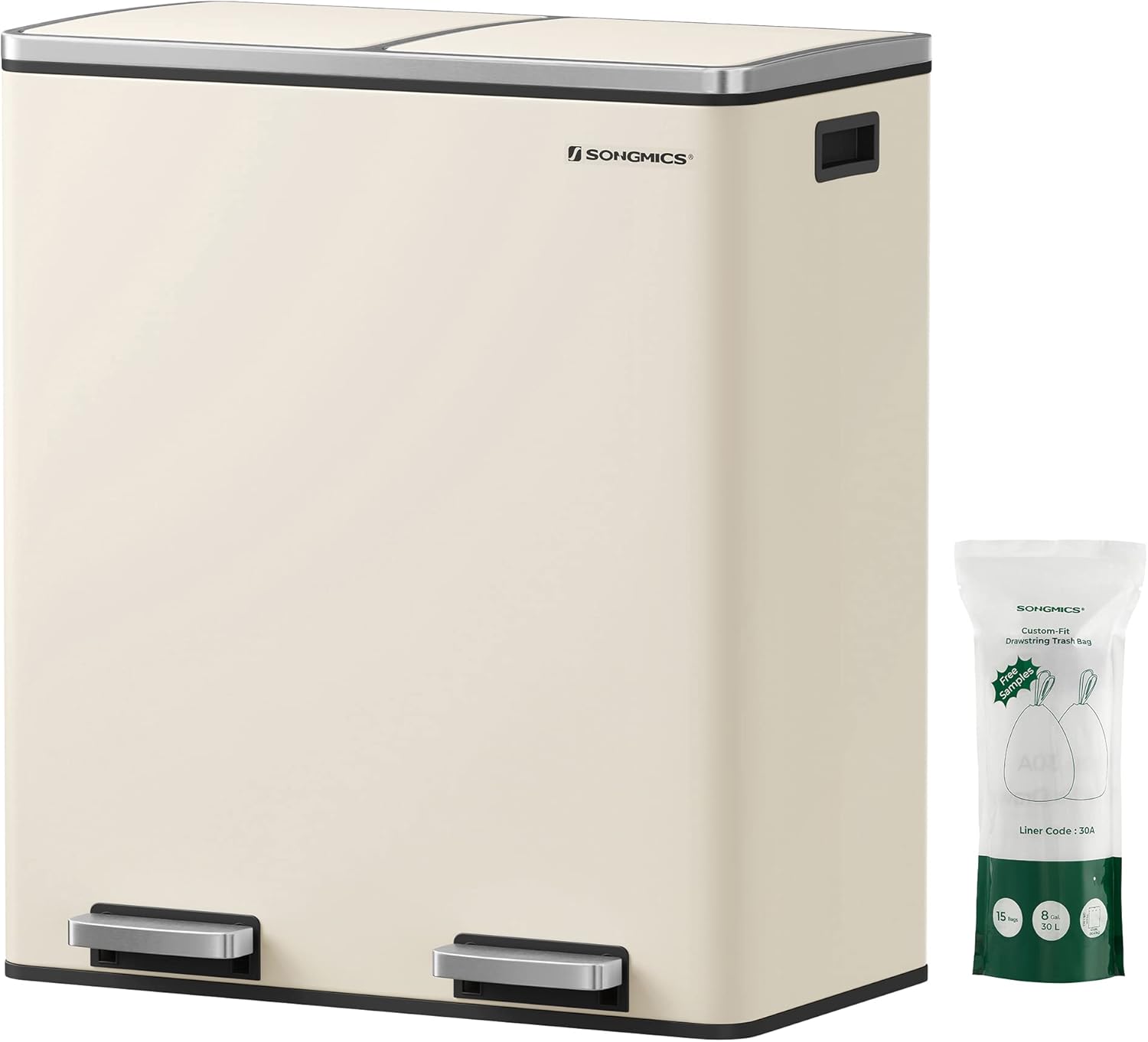 SONGMICS prullenbak 60 liter - afvalbak - afvalemmer - 2x30L pedaalemmer - creme - LTB060A01