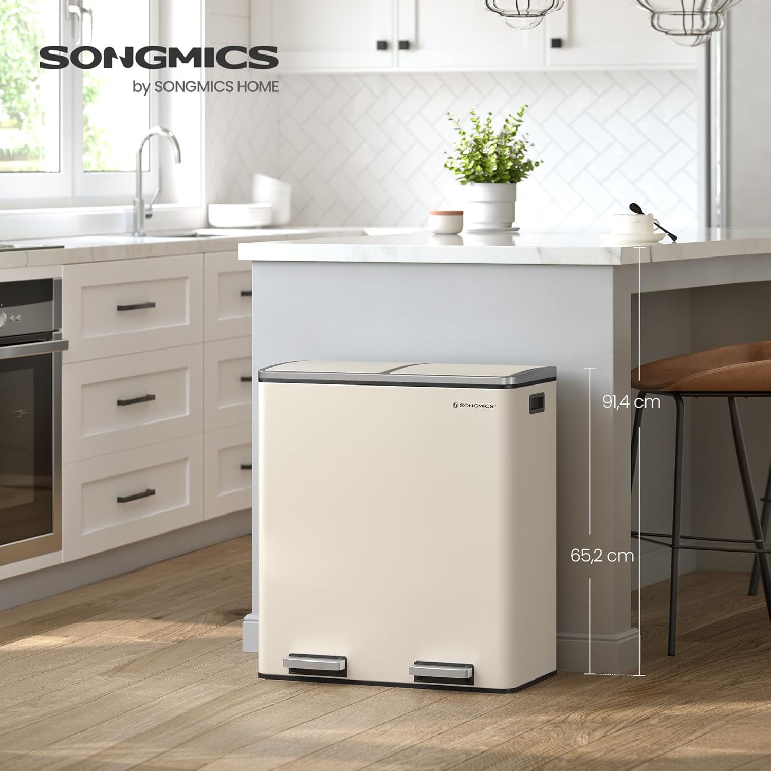 SONGMICS prullenbak 60 liter - afvalbak - afvalemmer - 2x30L pedaalemmer - creme - LTB060A01 - Afbeelding 2