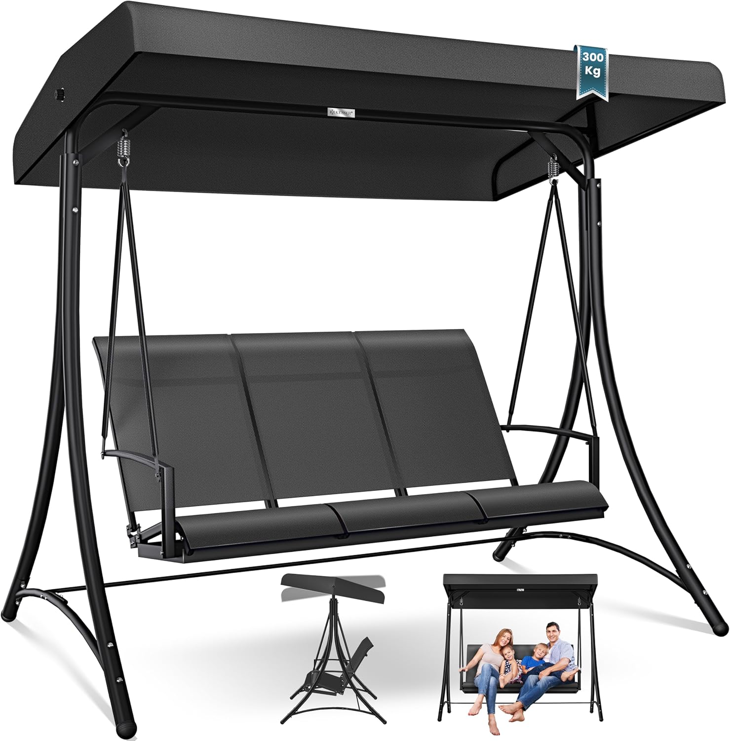 Schommelbank met luifel - 3-zits tuinschommel - met zitkussen - hollywood schommel - donkergrijs