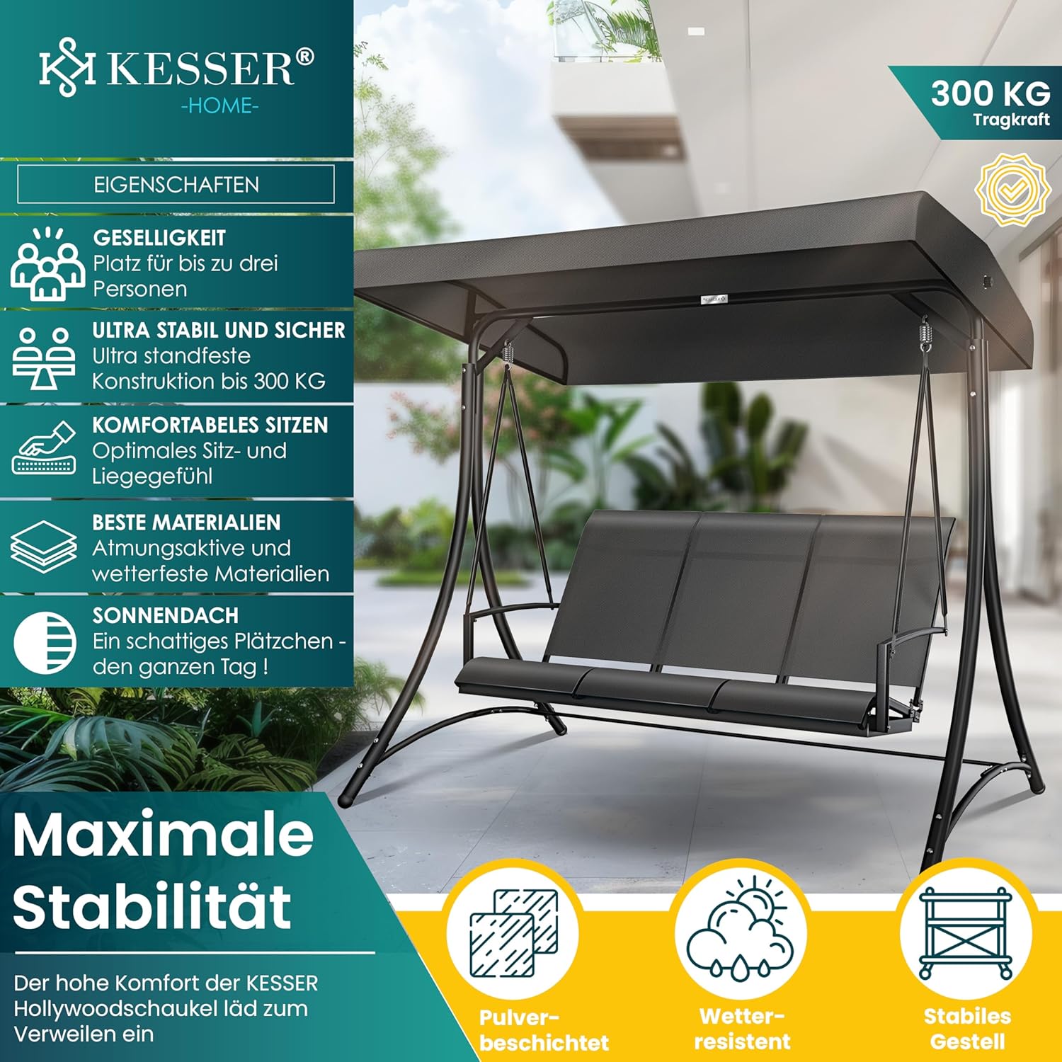 Schommelbank met luifel - 3-zits tuinschommel - met zitkussen - hollywood schommel - donkergrijs - Afbeelding 2