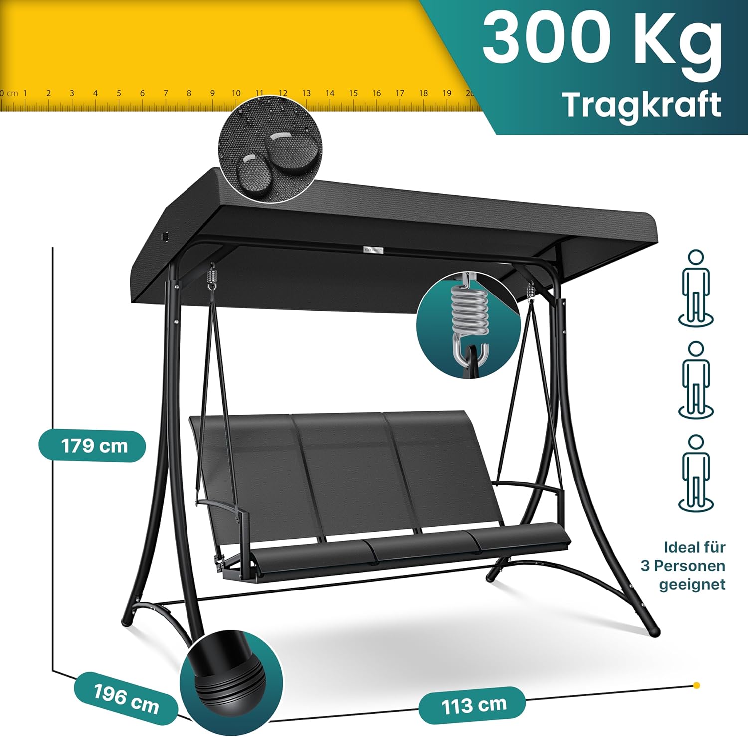 Schommelbank met luifel - 3-zits tuinschommel - met zitkussen - hollywood schommel - donkergrijs - Afbeelding 4