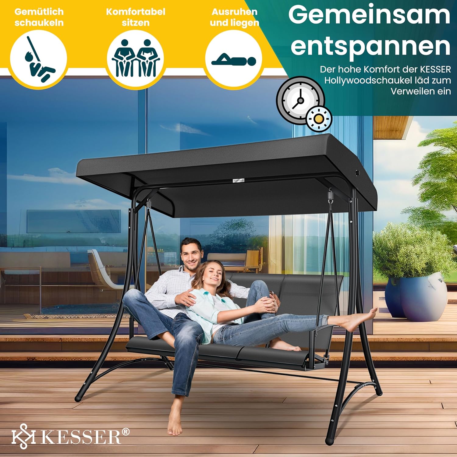 Schommelbank met luifel - 3-zits tuinschommel - met zitkussen - hollywood schommel - donkergrijs - Afbeelding 5