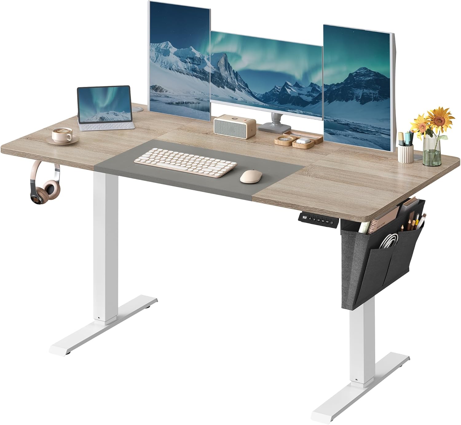 SONGMICS - Elektrisch bureau - 60 x 140 cm - hoogteverstelbaar 72-120 cm - zit sta bureau - geheugenfunctie - wit-grijs - LSD016H01