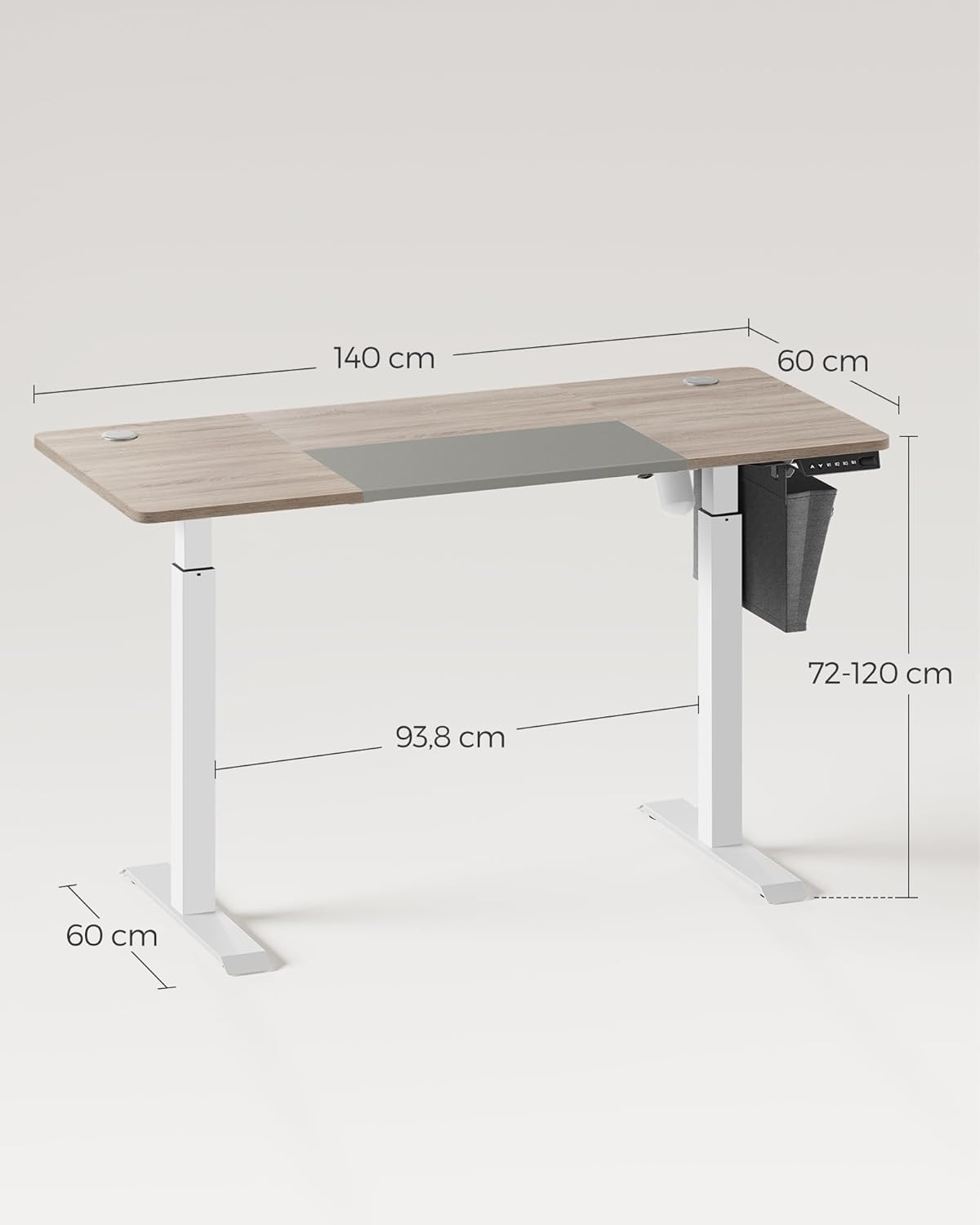 SONGMICS - Elektrisch bureau - 60 x 140 cm - hoogteverstelbaar 72-120 cm - zit sta bureau - geheugenfunctie - wit-grijs - LSD016H01 - Afbeelding 3