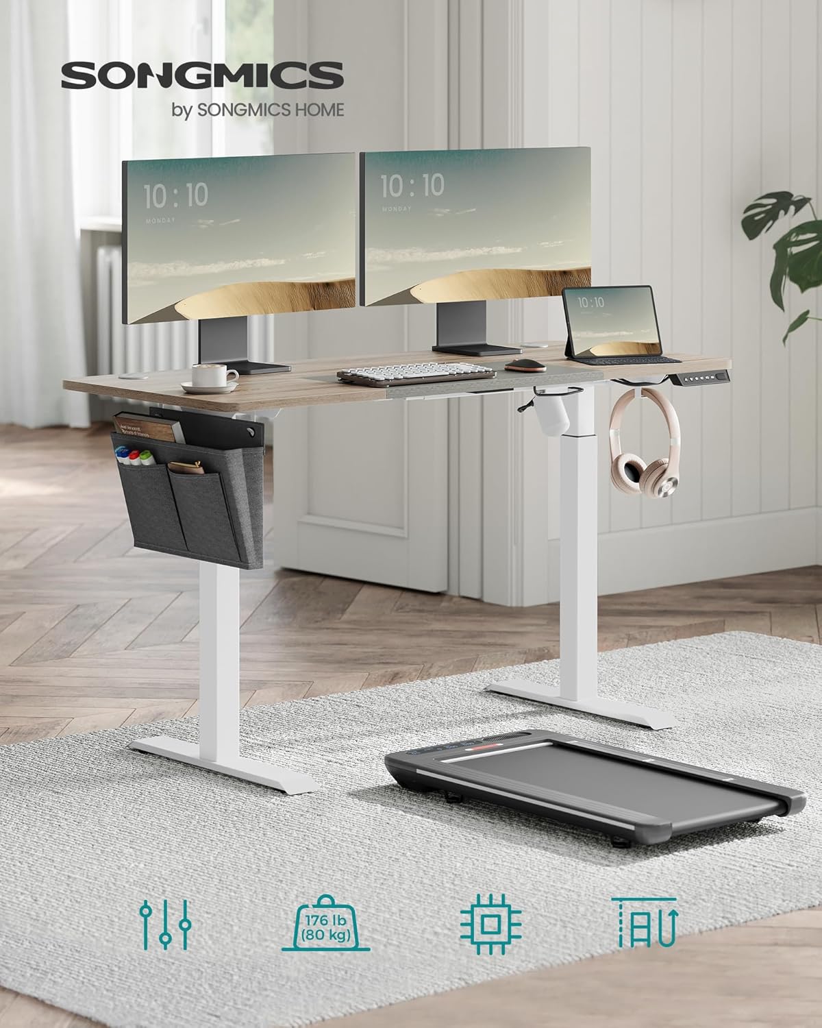 SONGMICS - Elektrisch bureau - 60 x 140 cm - hoogteverstelbaar 72-120 cm - zit sta bureau - geheugenfunctie - wit-grijs - LSD016H01 - Afbeelding 4