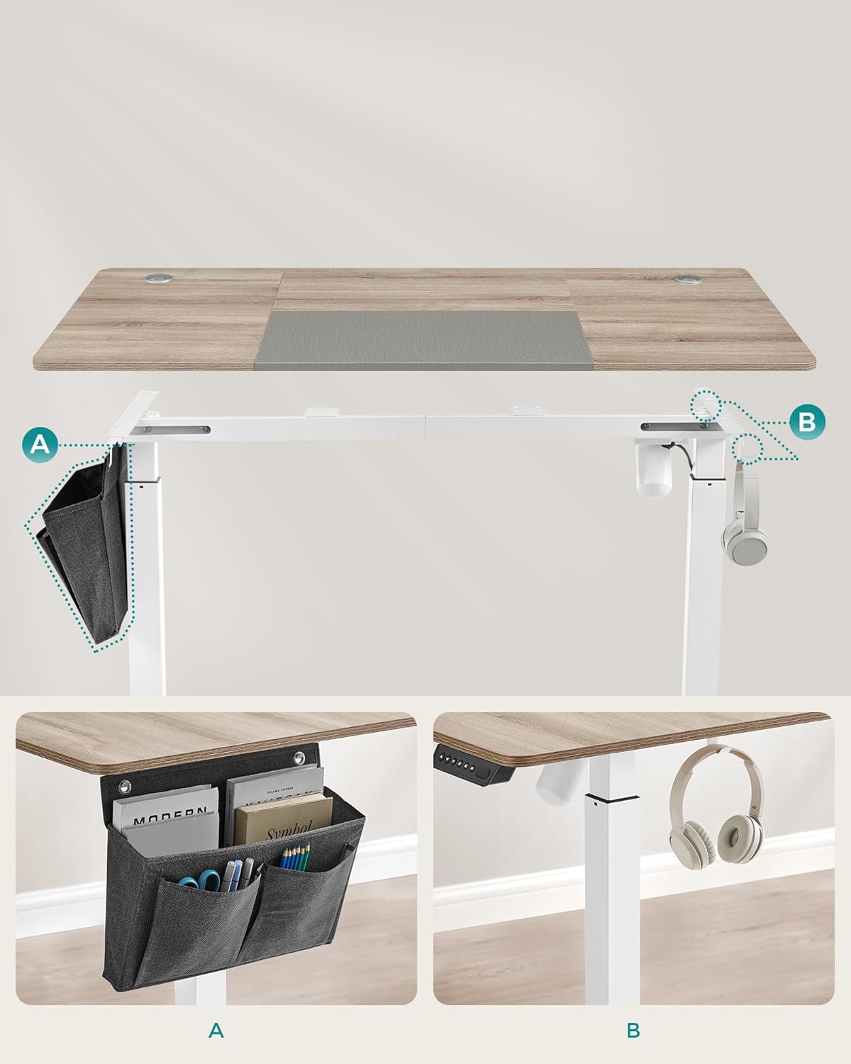 SONGMICS - Elektrisch bureau - 60 x 140 cm - hoogteverstelbaar 72-120 cm - zit sta bureau - geheugenfunctie - wit-grijs - LSD016H01 - Afbeelding 7