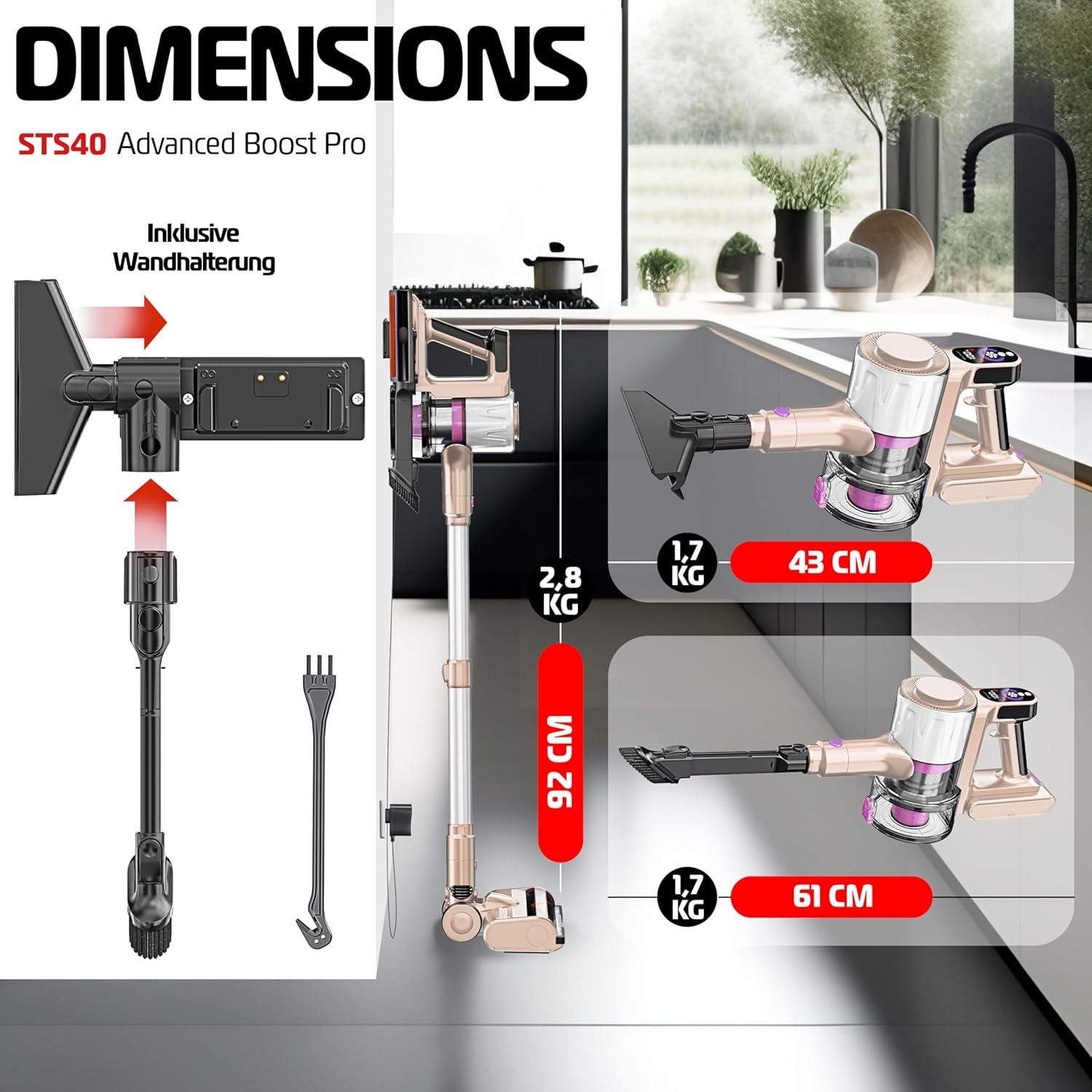 Accustofzuiger - draadloos - LED display - tot 60 min - zakloos - HEPA filter - voor alle vloere - Afbeelding 2
