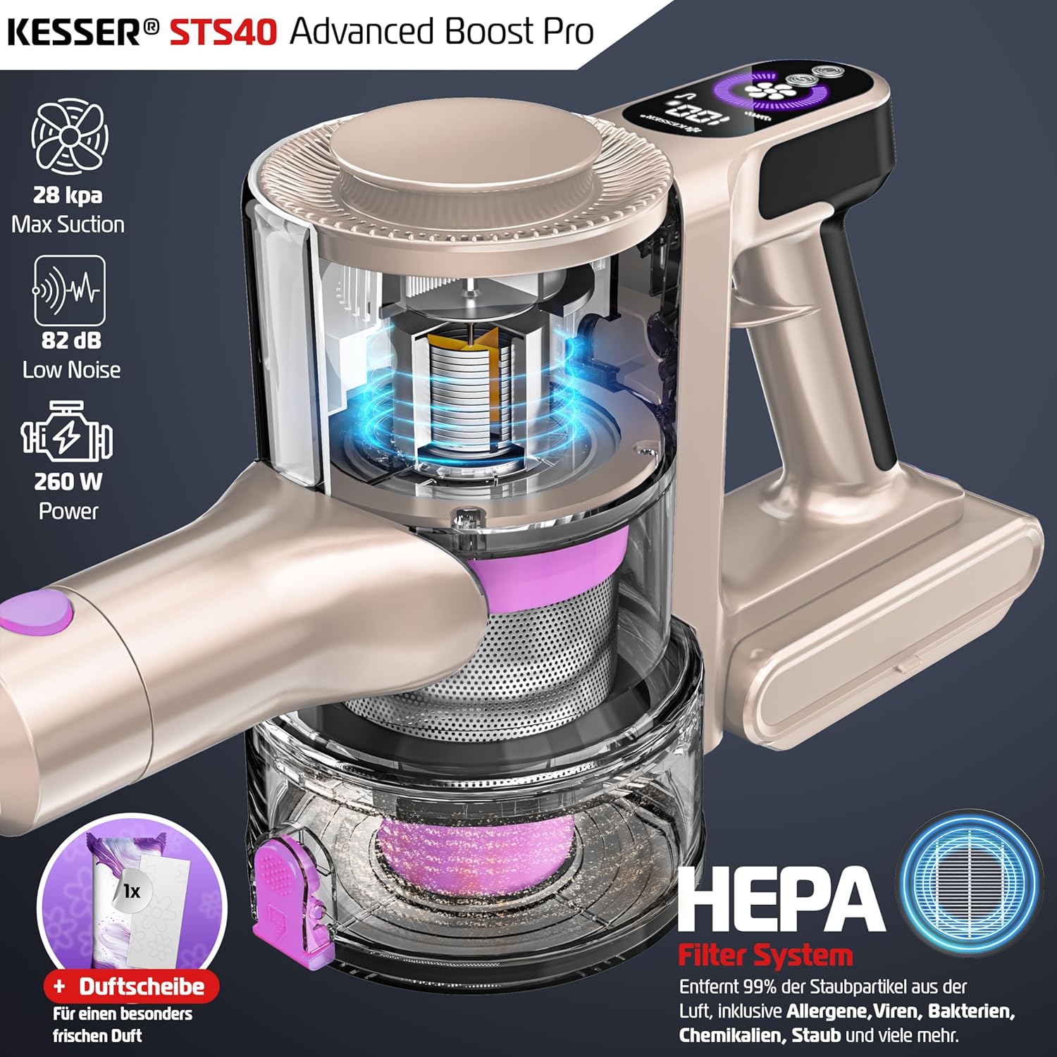 Accustofzuiger - draadloos - LED display - tot 60 min - zakloos - HEPA filter - voor alle vloere - Afbeelding 3