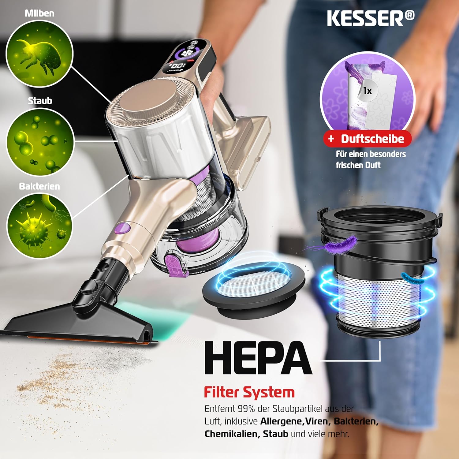 Accustofzuiger - draadloos - LED display - tot 60 min - zakloos - HEPA filter - voor alle vloere - Afbeelding 6