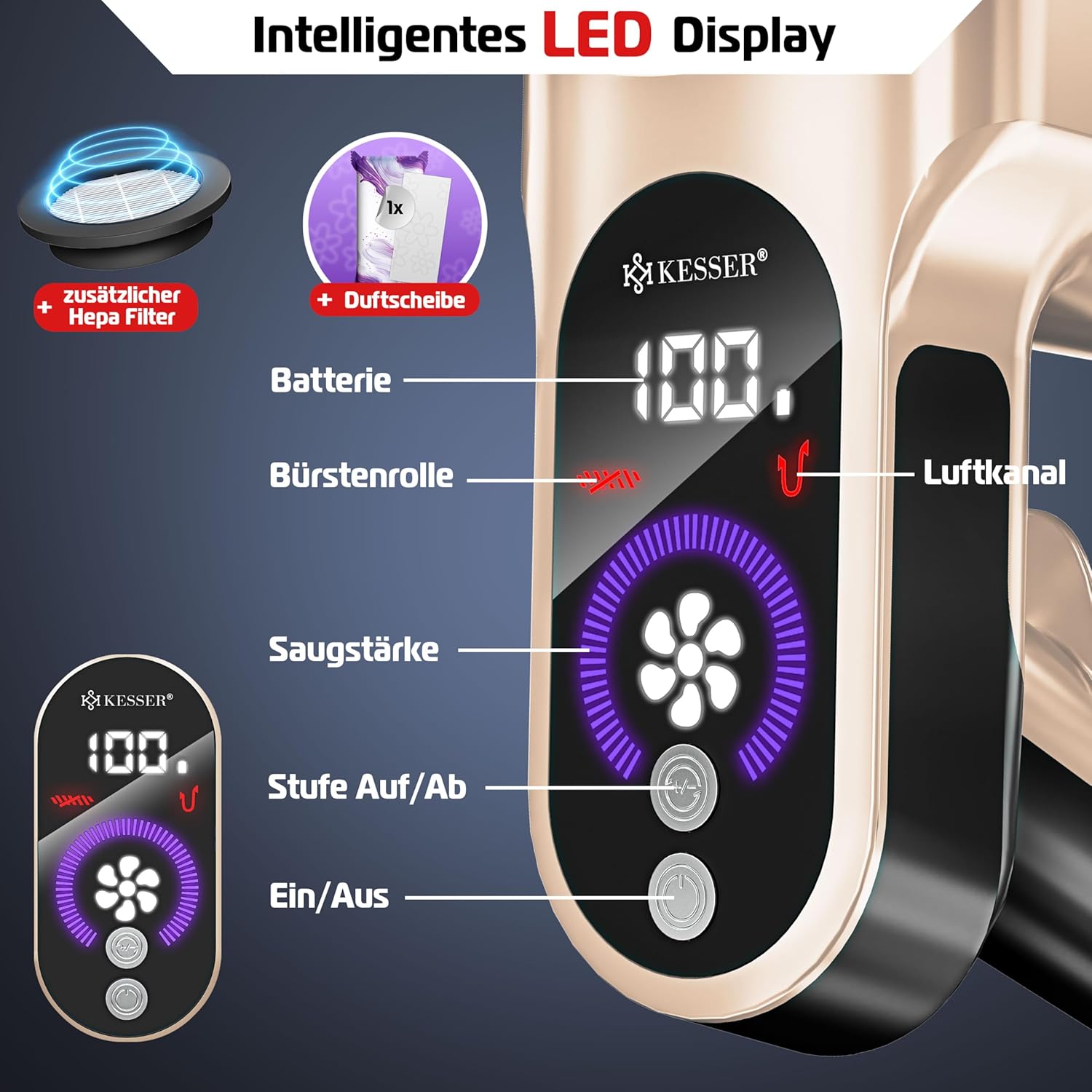 Accustofzuiger - draadloos - LED display - tot 60 min - zakloos - HEPA filter - voor alle vloere - Afbeelding 7